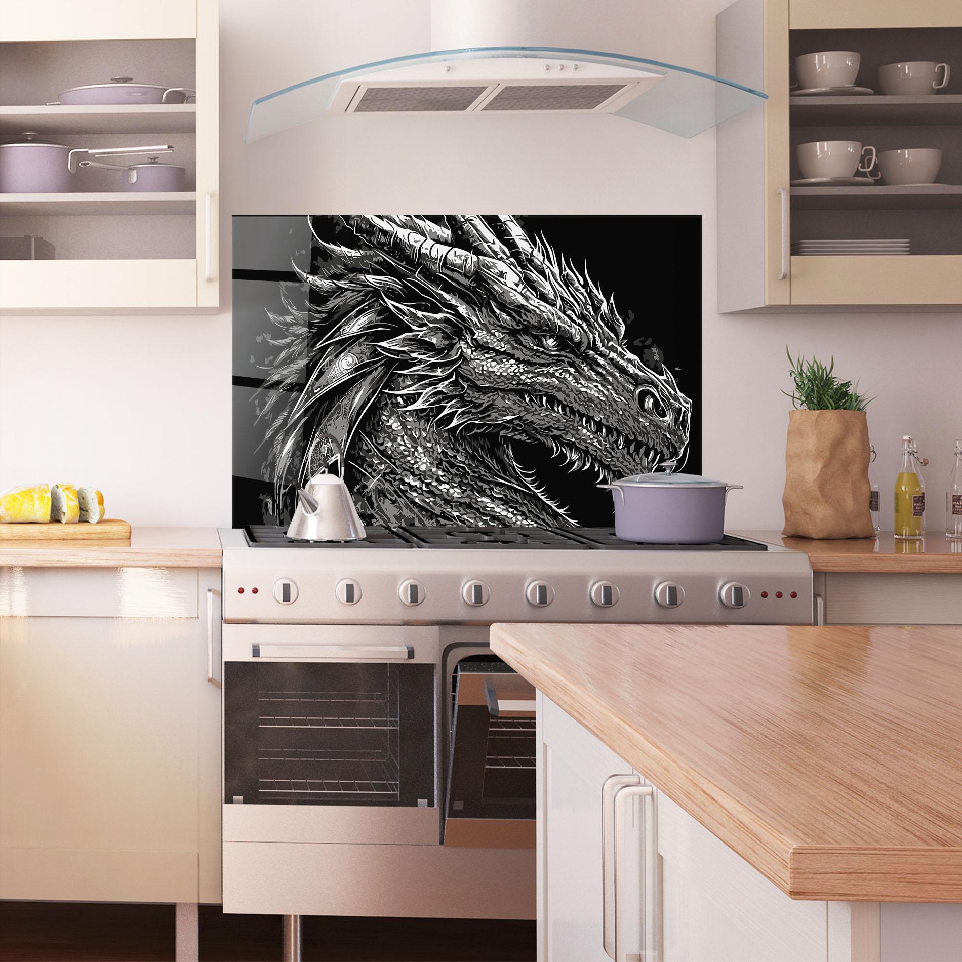 Panou Sticla Bucatarie Grey White Dragon mockup 1