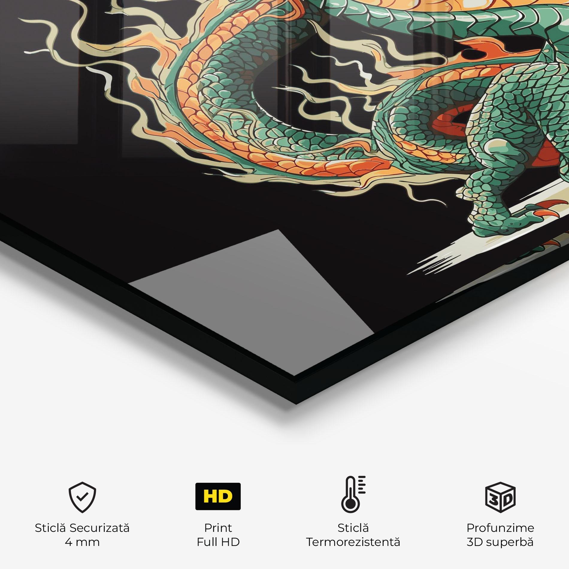 Panou Sticla Bucatarie Orange Green Dragon mockup 2