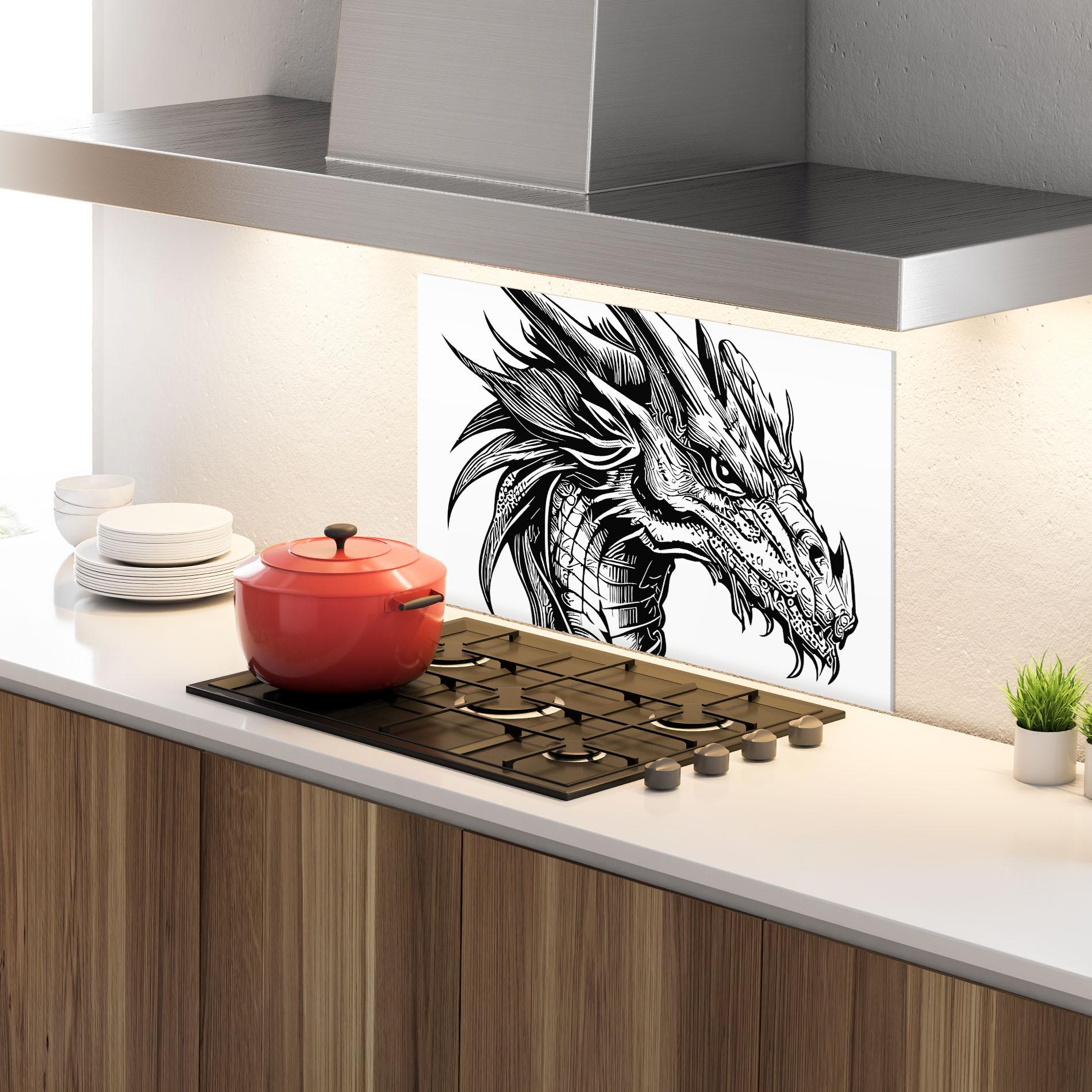 Panou Sticla Bucatarie Black Line Dragon mockup 4