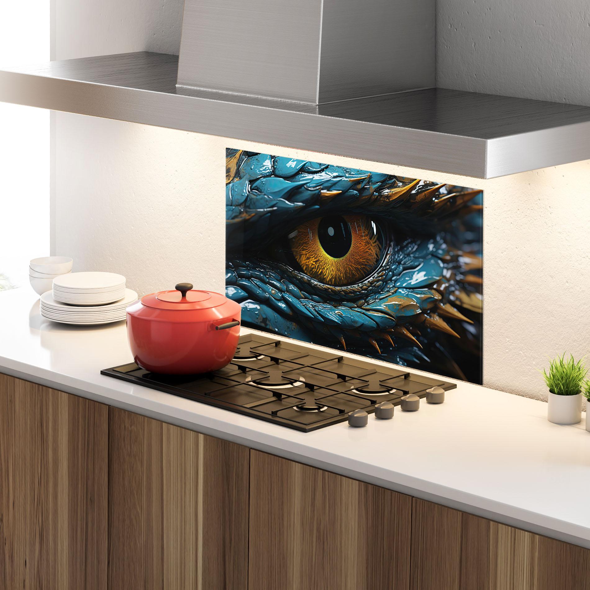 Panou Sticla Bucatarie Dragon Eye Close Up mockup 4