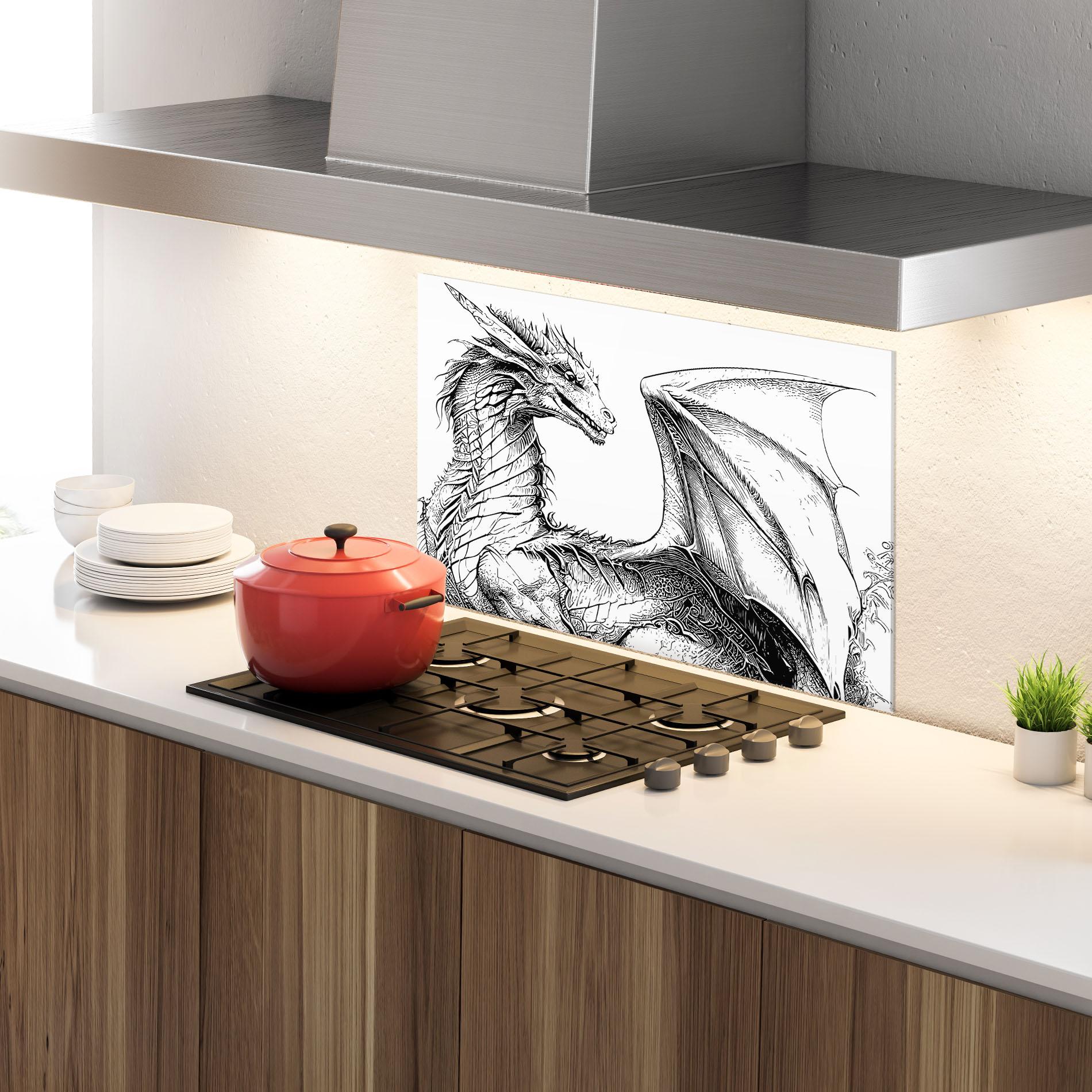 Panou Sticla Bucatarie Dragon Sketch mockup 4