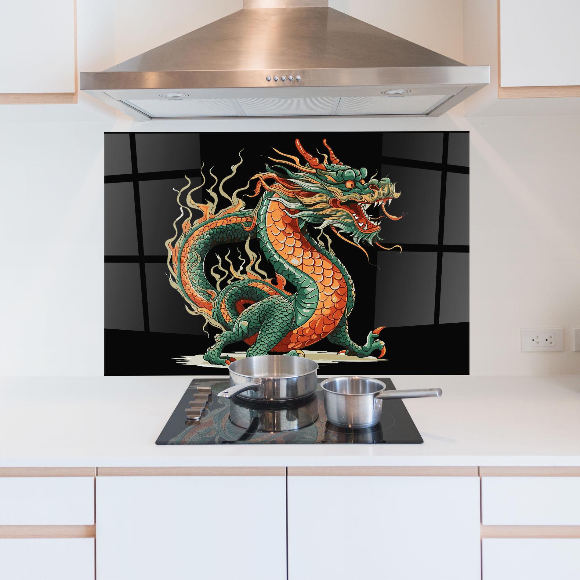 Panou Sticla Bucatarie Orange Green Dragon mockup 5
