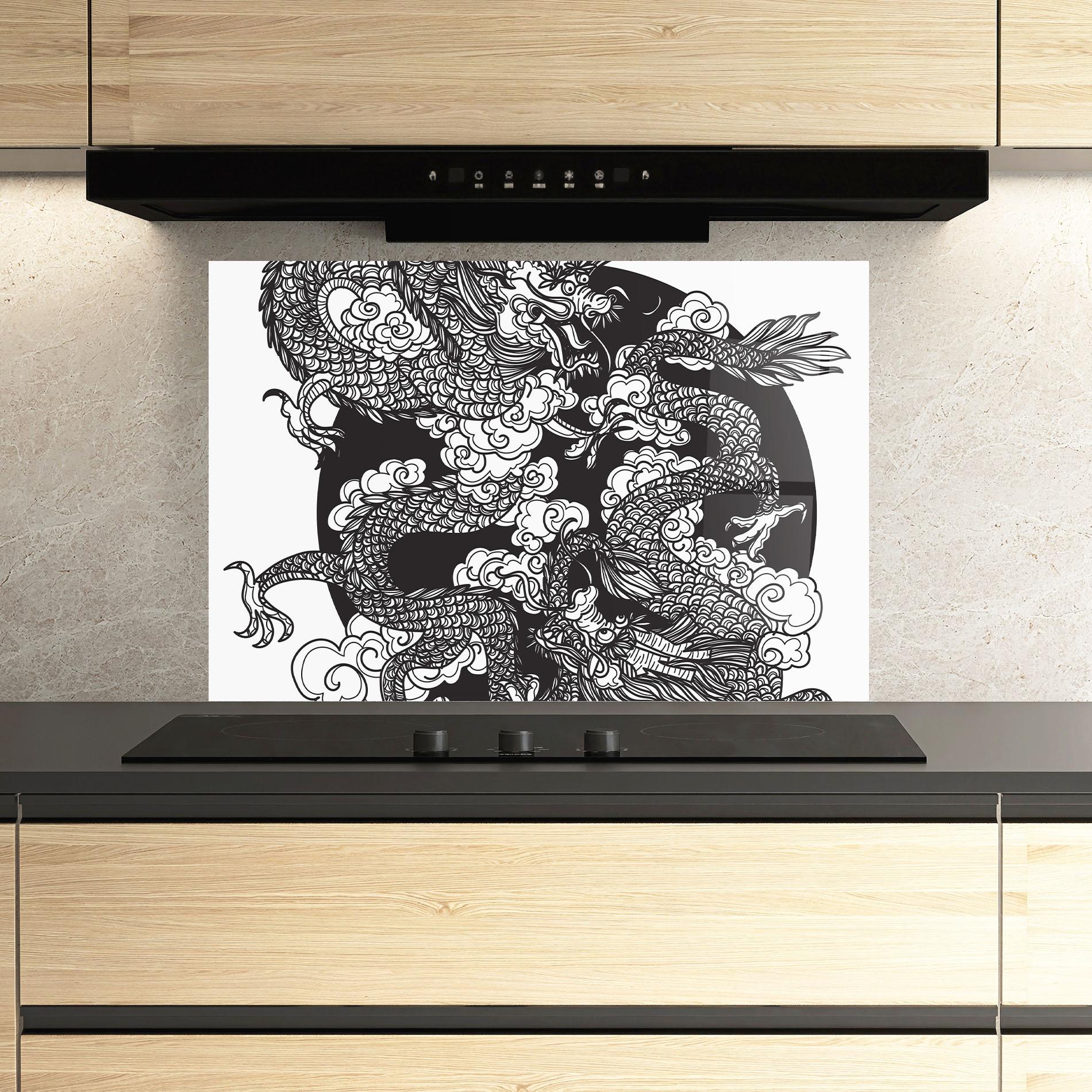 Panou Sticla Bucatarie Grey Moon Dragon mockup 3