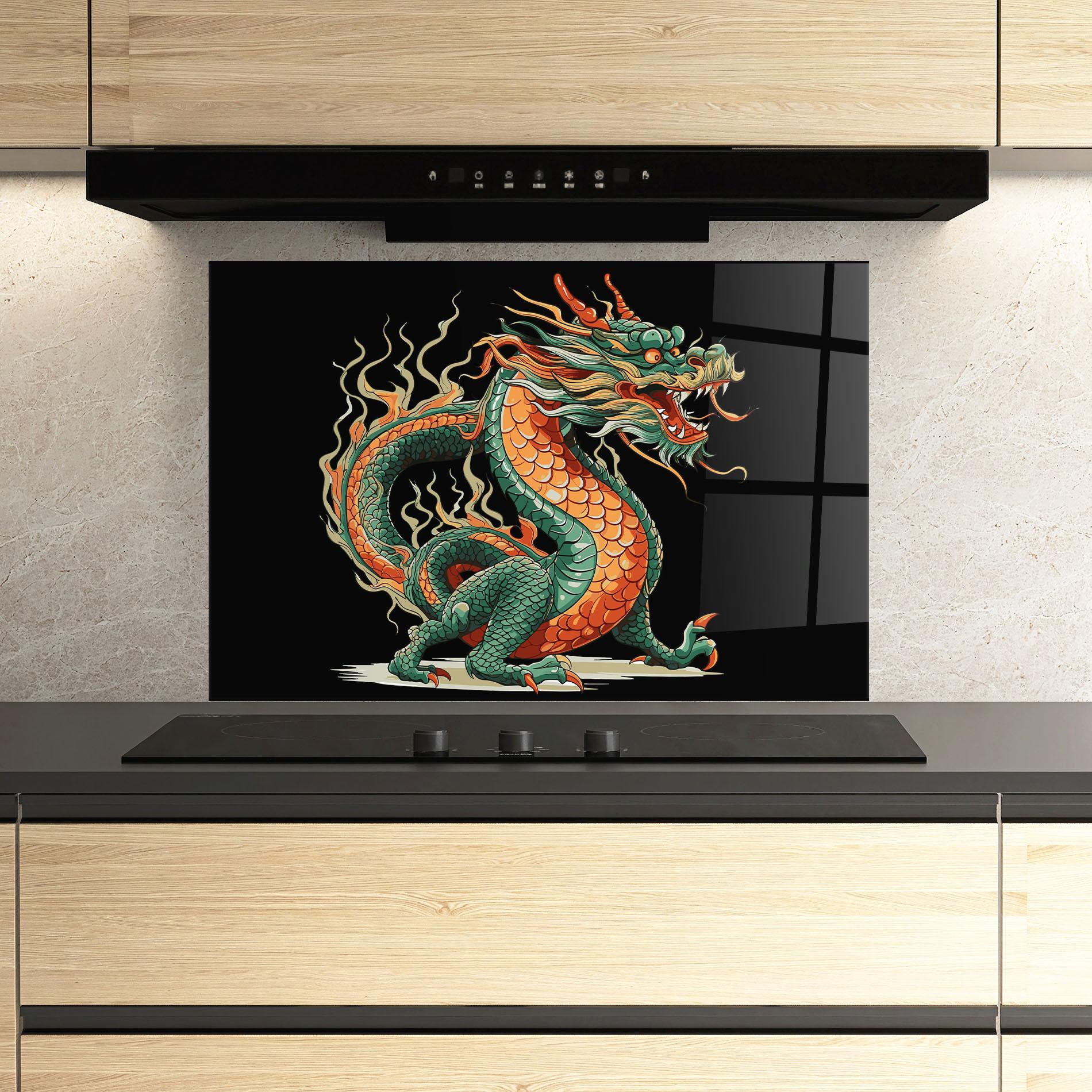 Panou Sticla Bucatarie Orange Green Dragon mockup 3