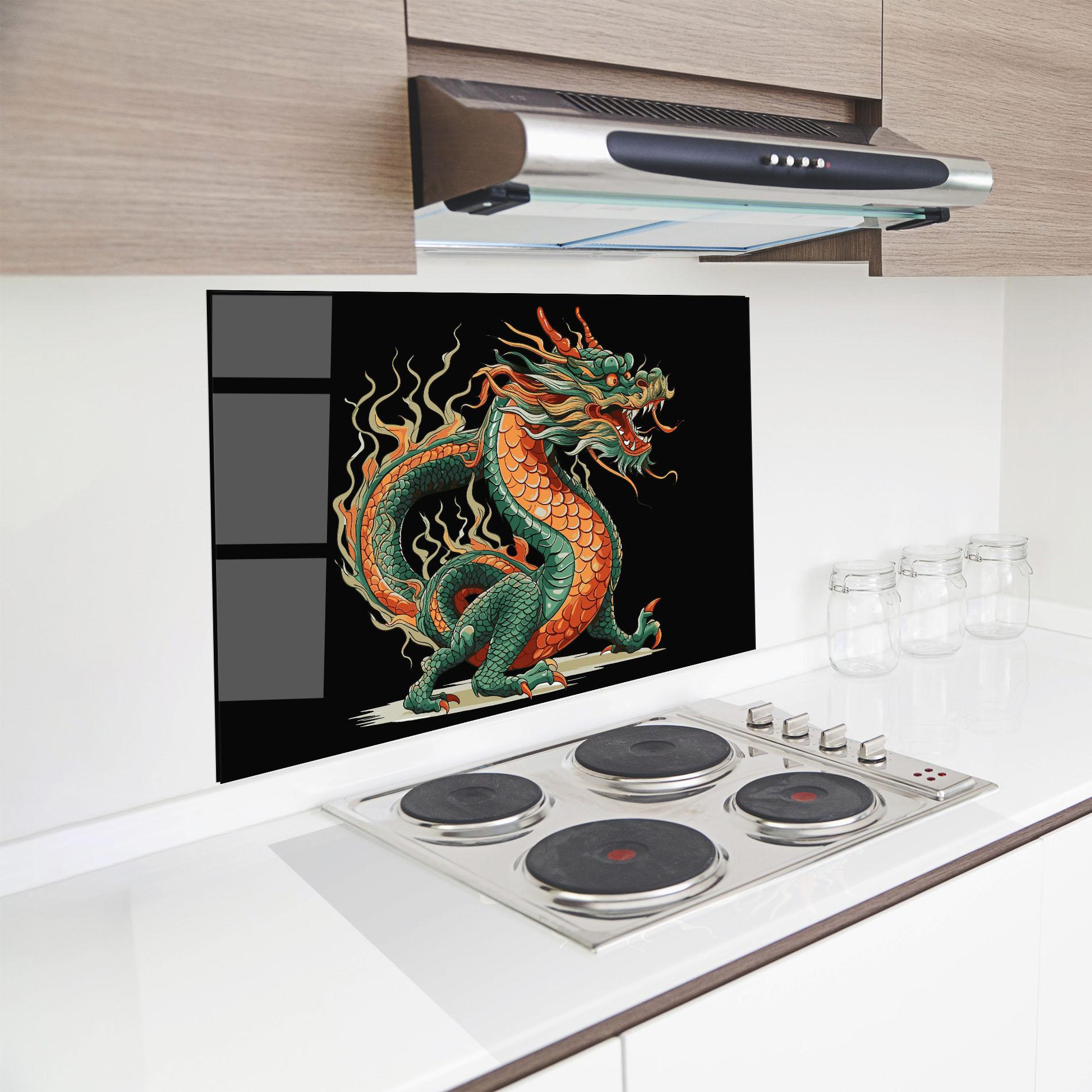 Panou Sticla Bucatarie Orange Green Dragon mockup 8