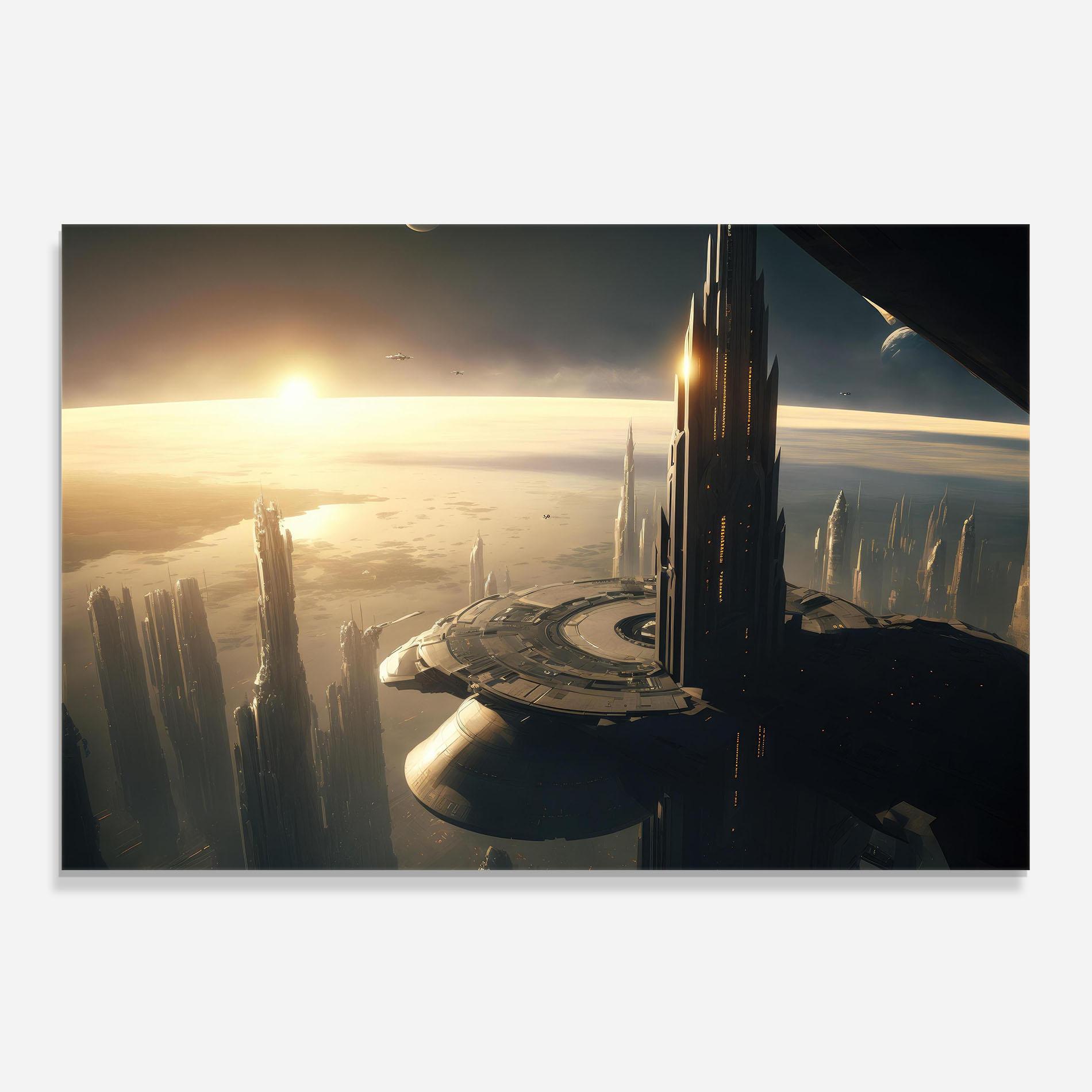 Panou Sticla Bucatarie Fantasy Futuristic Cityscape mockup 0