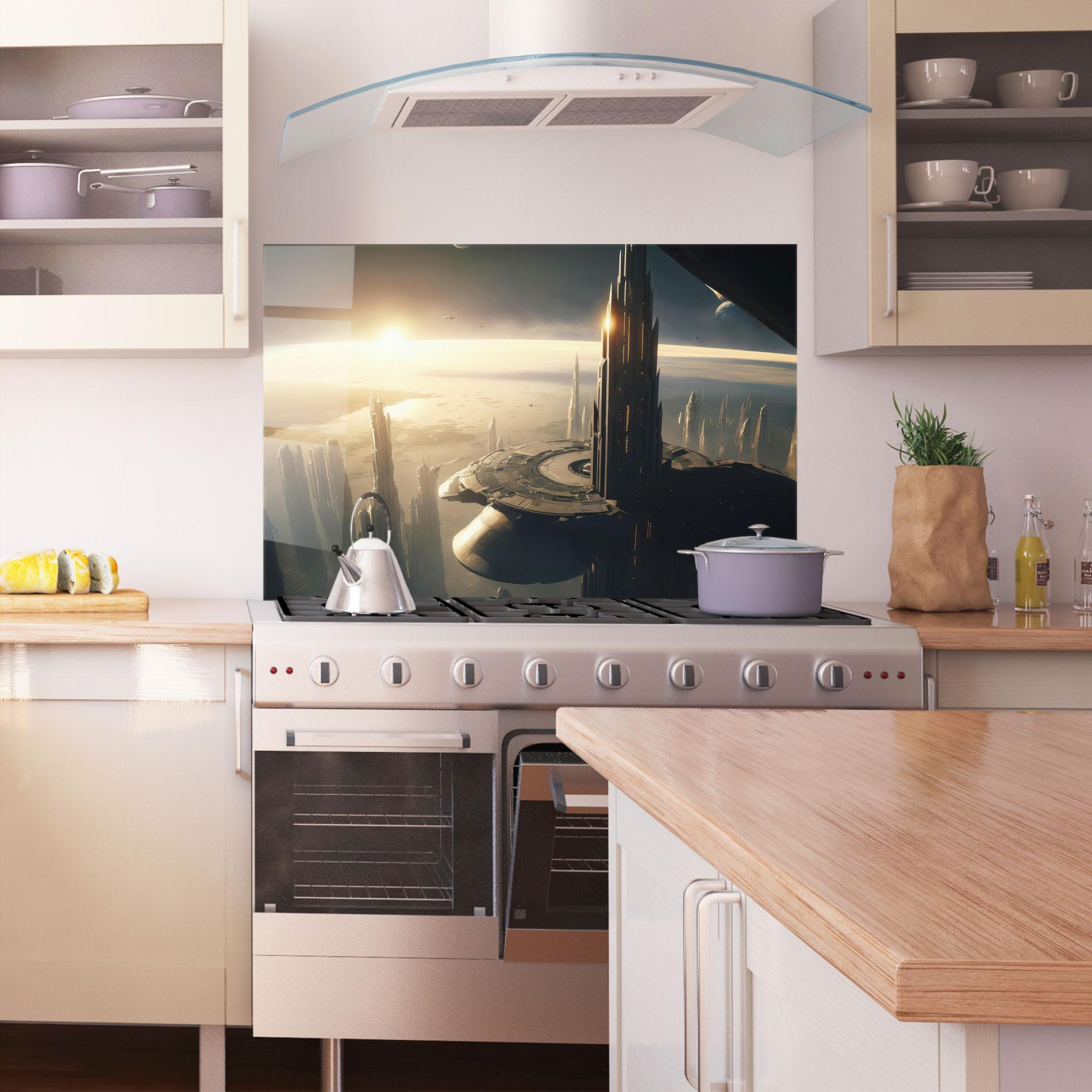 Panou Sticla Bucatarie Fantasy Futuristic Cityscape mockup 1