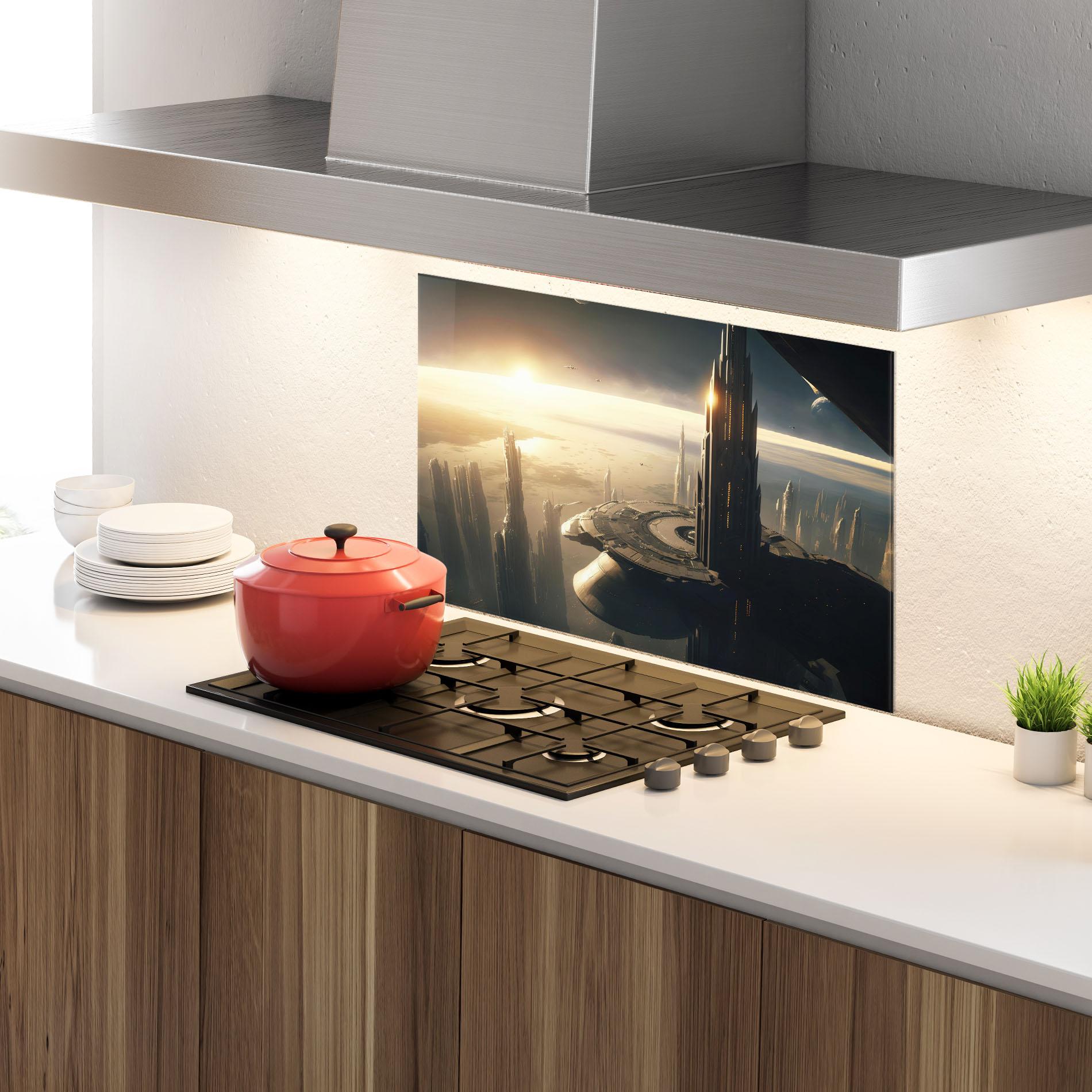 Panou Sticla Bucatarie Fantasy Futuristic Cityscape mockup 4