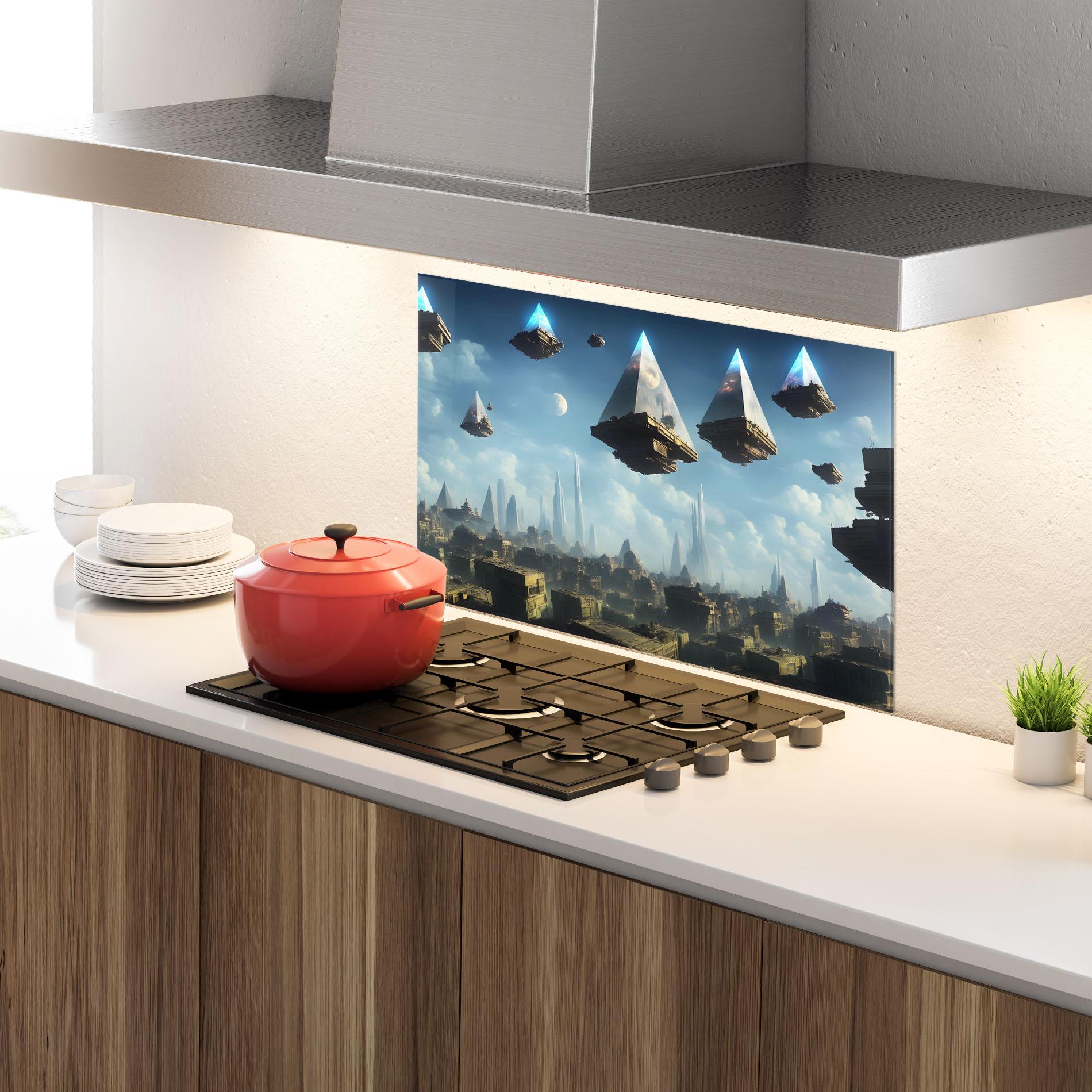 Panou Sticla Bucatarie Flying Piramids mockup 4