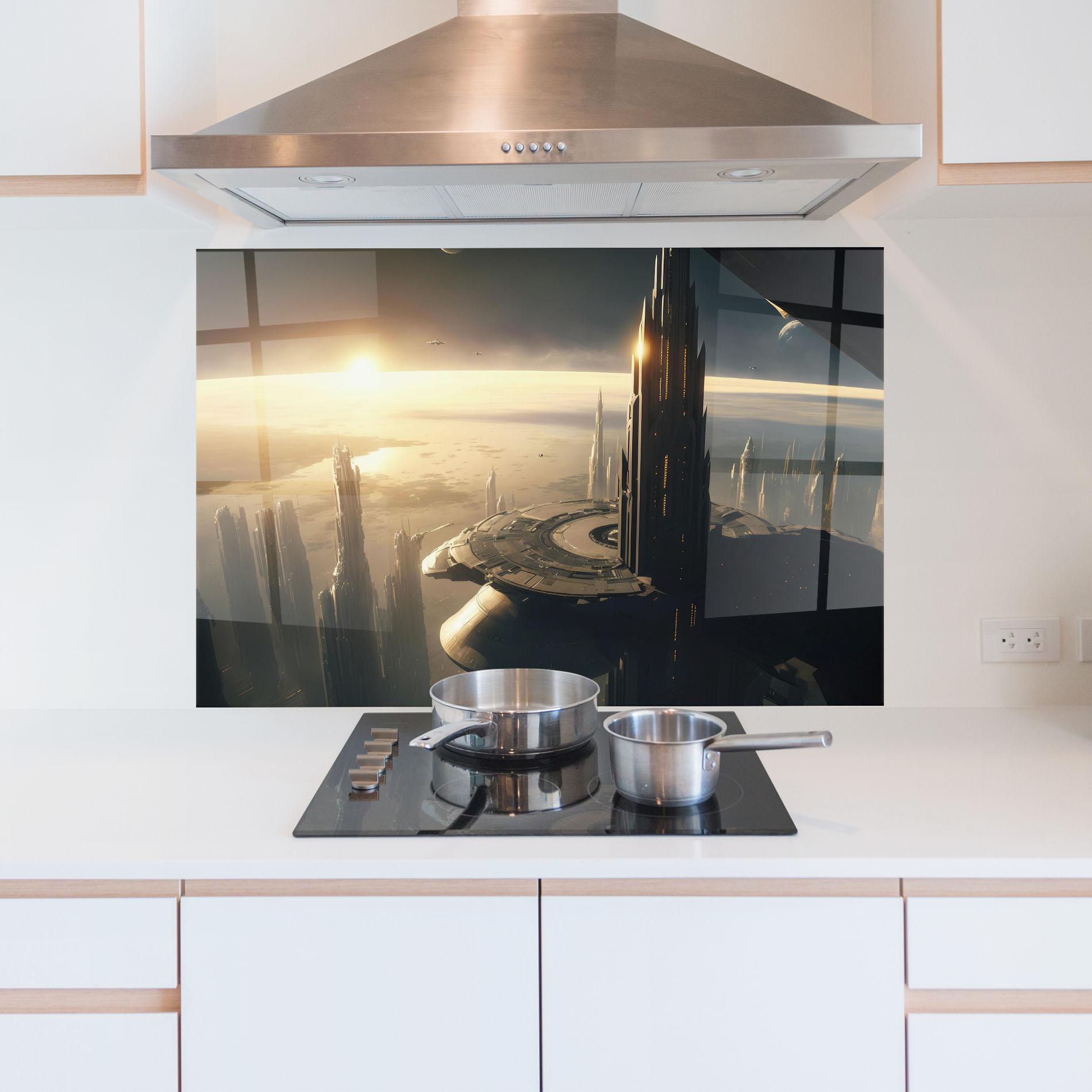 Panou Sticla Bucatarie Fantasy Futuristic Cityscape mockup 5