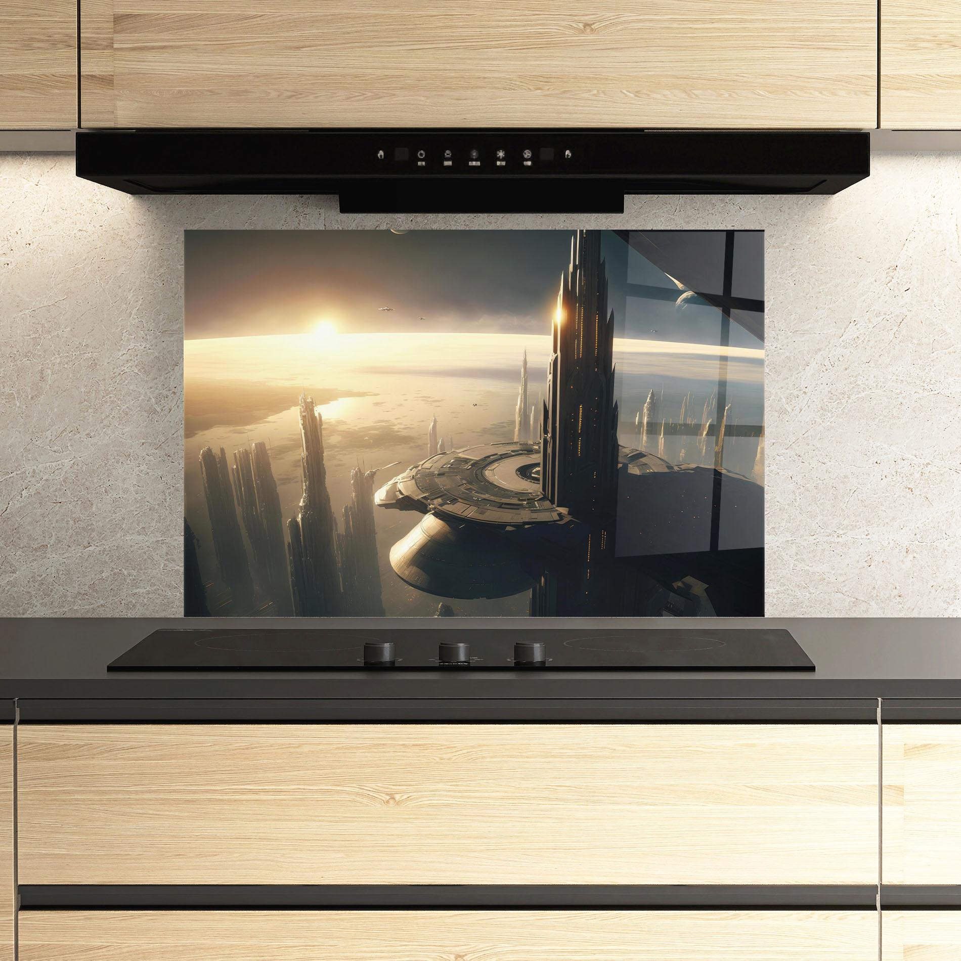 Panou Sticla Bucatarie Fantasy Futuristic Cityscape mockup 3