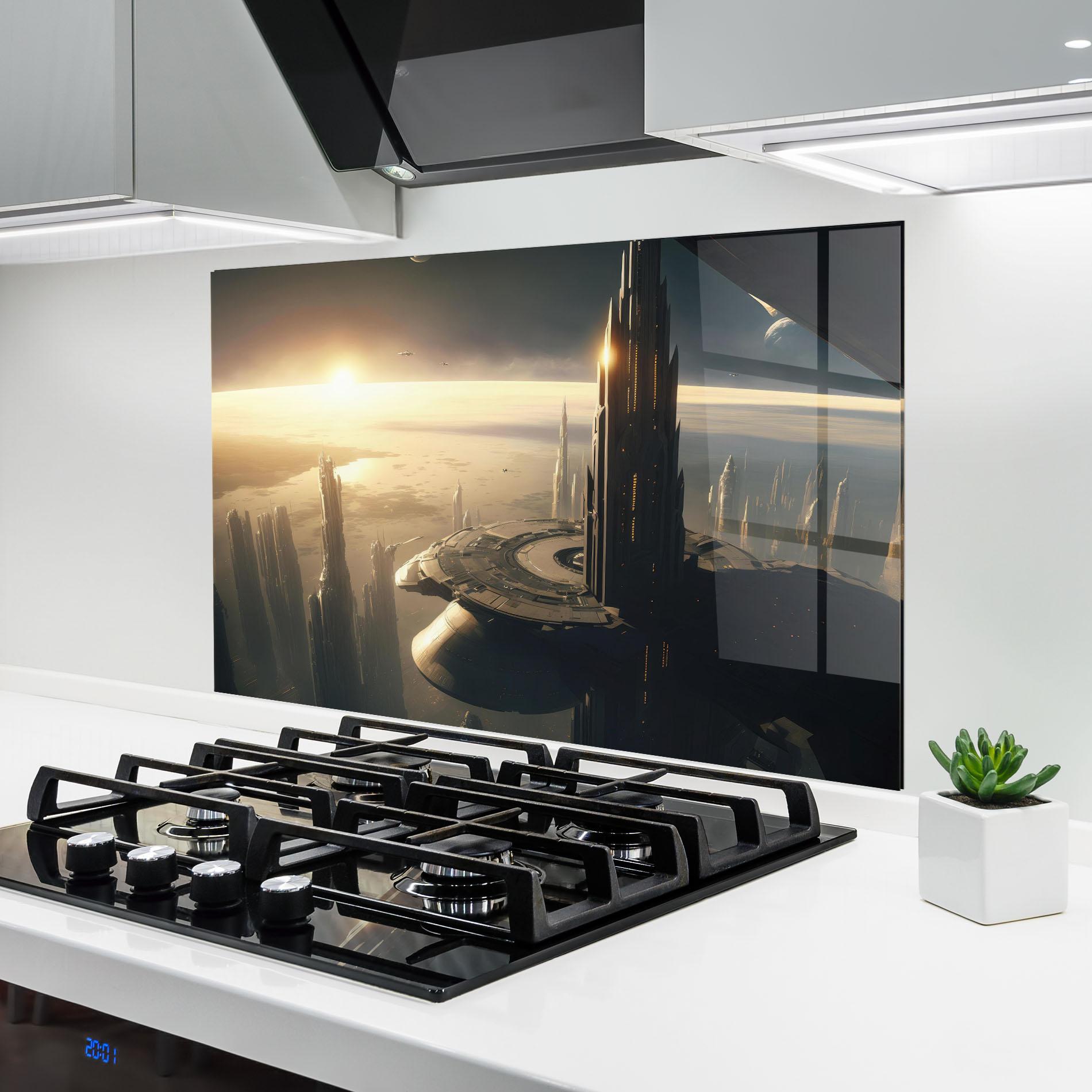 Panou Sticla Bucatarie Fantasy Futuristic Cityscape mockup 6