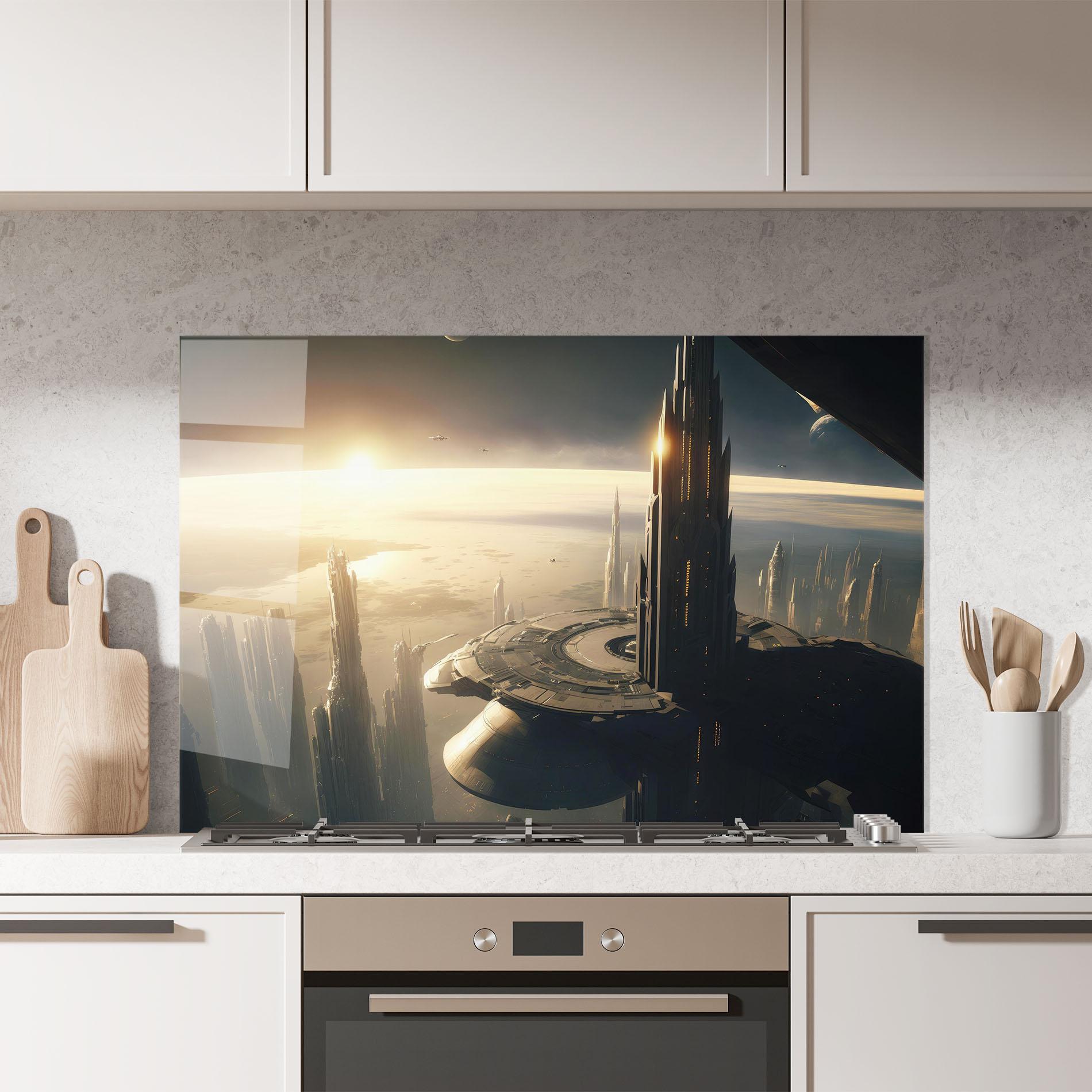 Panou Sticla Bucatarie Fantasy Futuristic Cityscape mockup 7