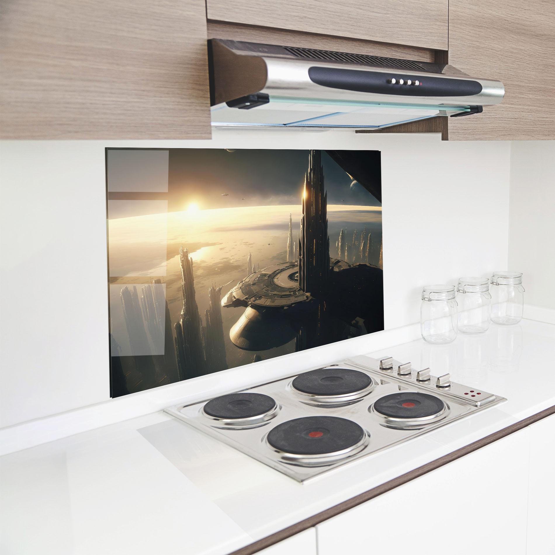Panou Sticla Bucatarie Fantasy Futuristic Cityscape mockup 8