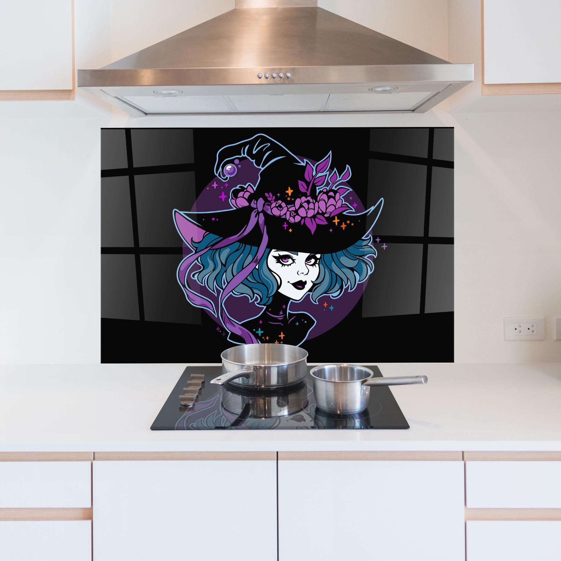 Panou Sticla Bucatarie Cute Purple Witch mockup 5
