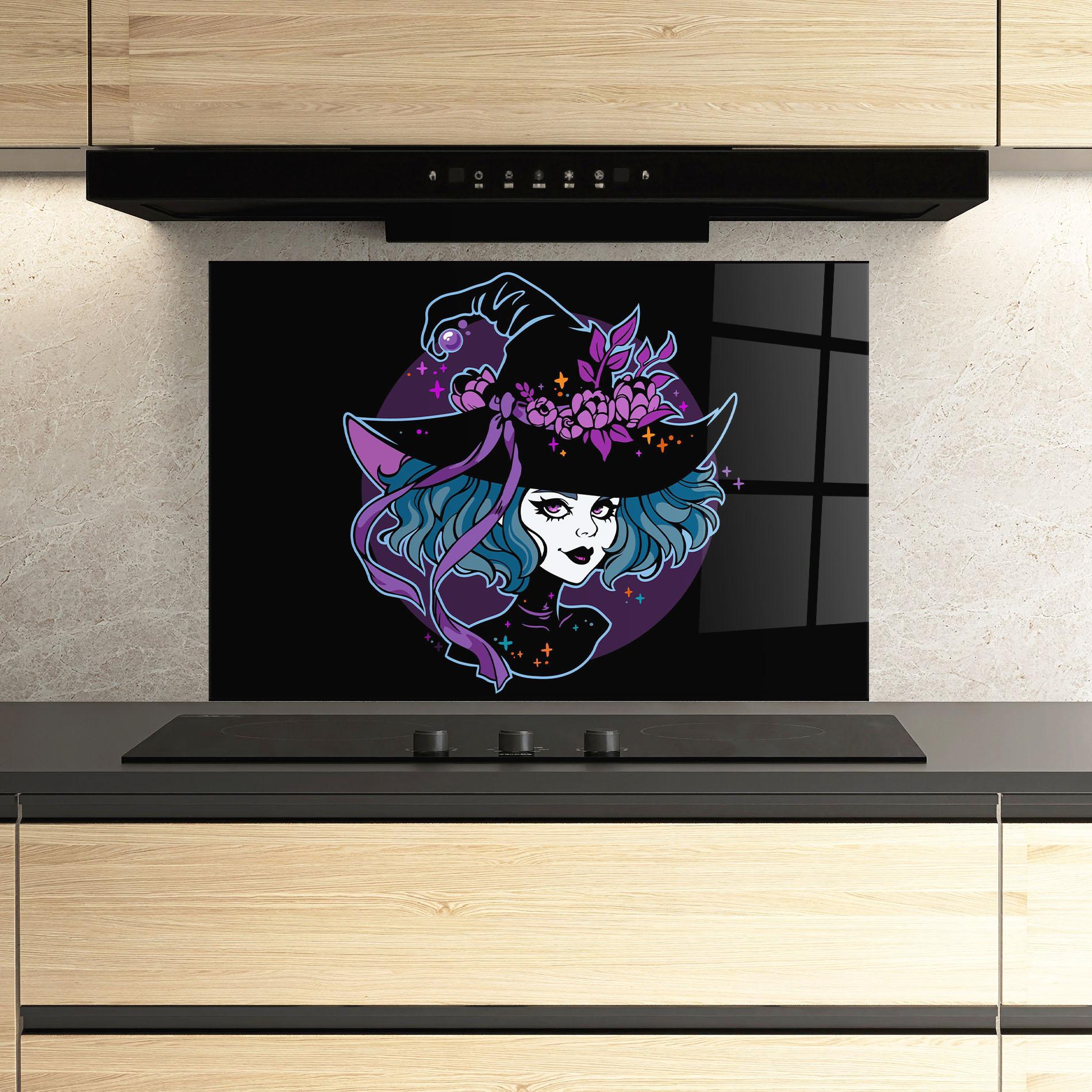 Panou Sticla Bucatarie Cute Purple Witch mockup 3
