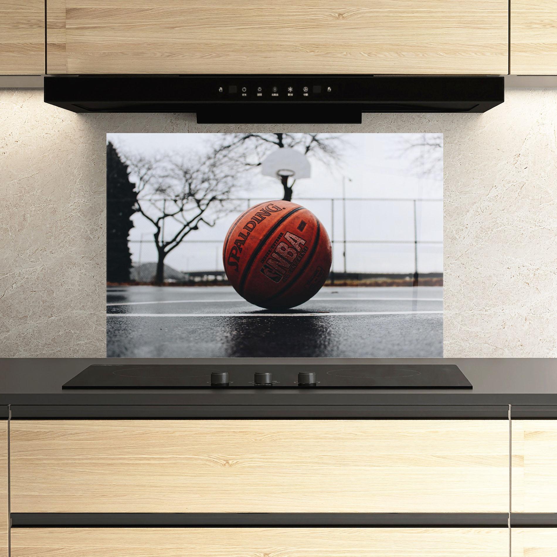 Panou Sticla Bucatarie Orange Basketball On Grey mockup 3