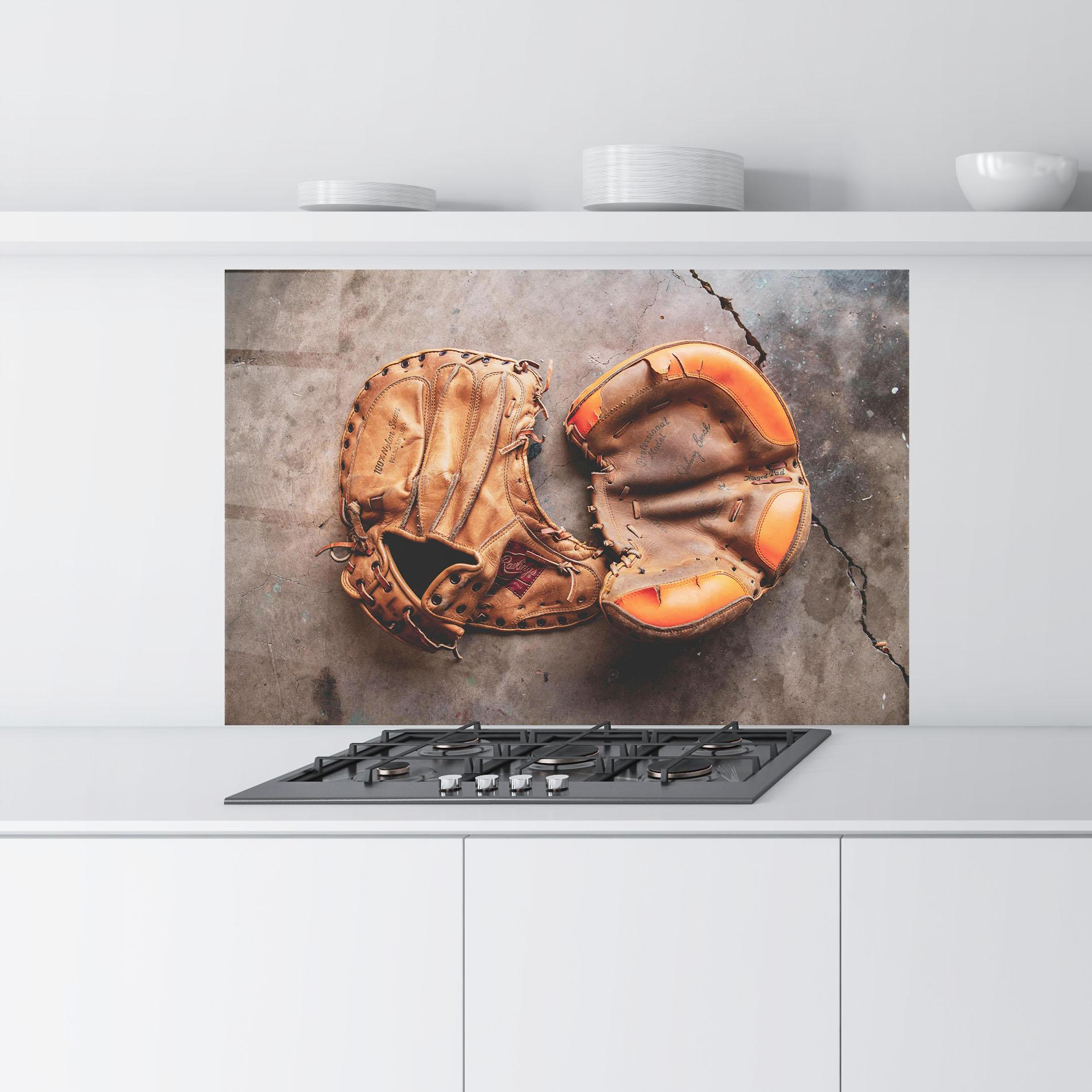 Panou Sticla Bucatarie Brown Orange Baseball Gloves mockup 9