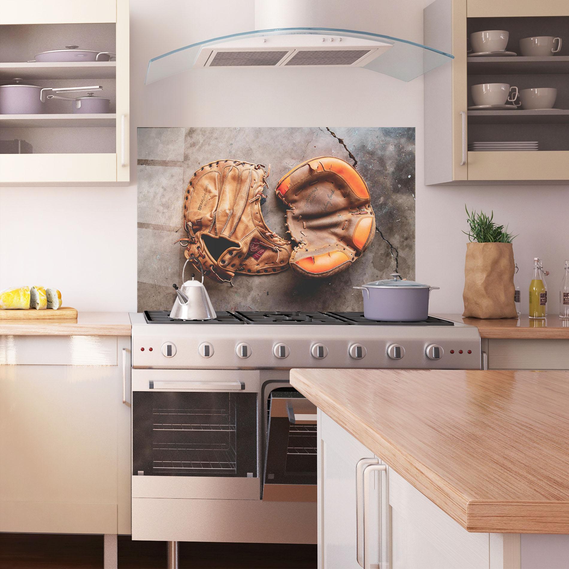 Panou Sticla Bucatarie Brown Orange Baseball Gloves mockup 1