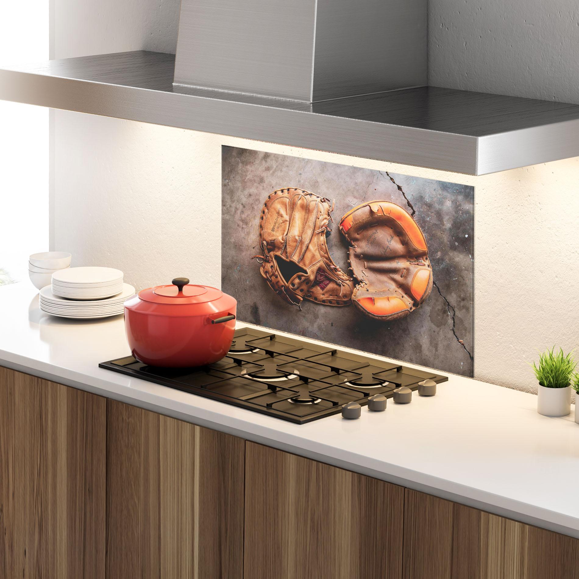 Panou Sticla Bucatarie Brown Orange Baseball Gloves mockup 4