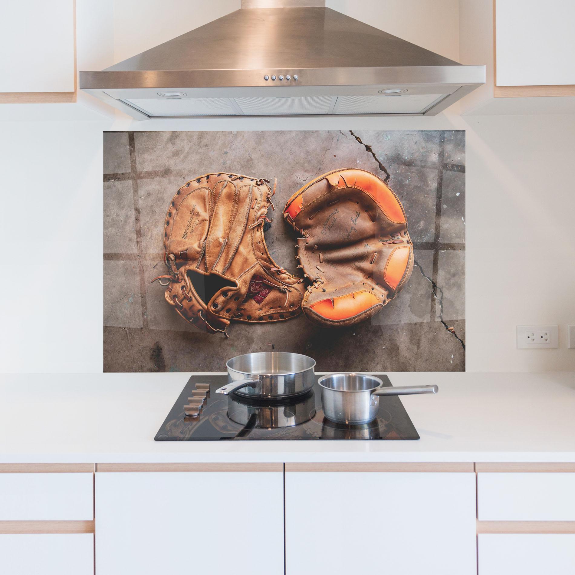 Panou Sticla Bucatarie Brown Orange Baseball Gloves mockup 5