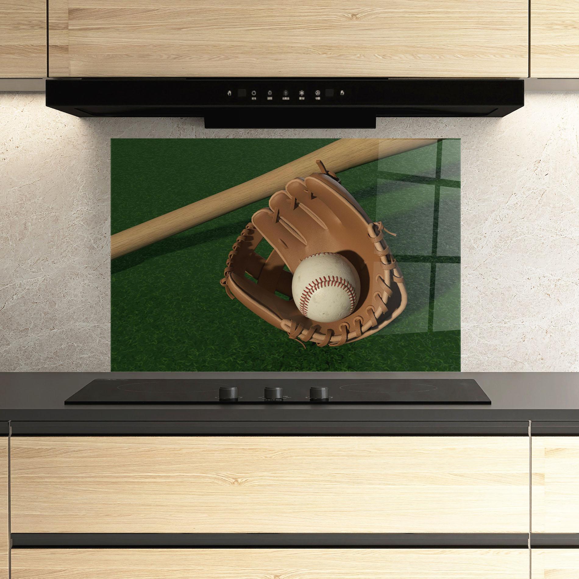 Panou Sticla Bucatarie Baseball Glove On Green mockup 3