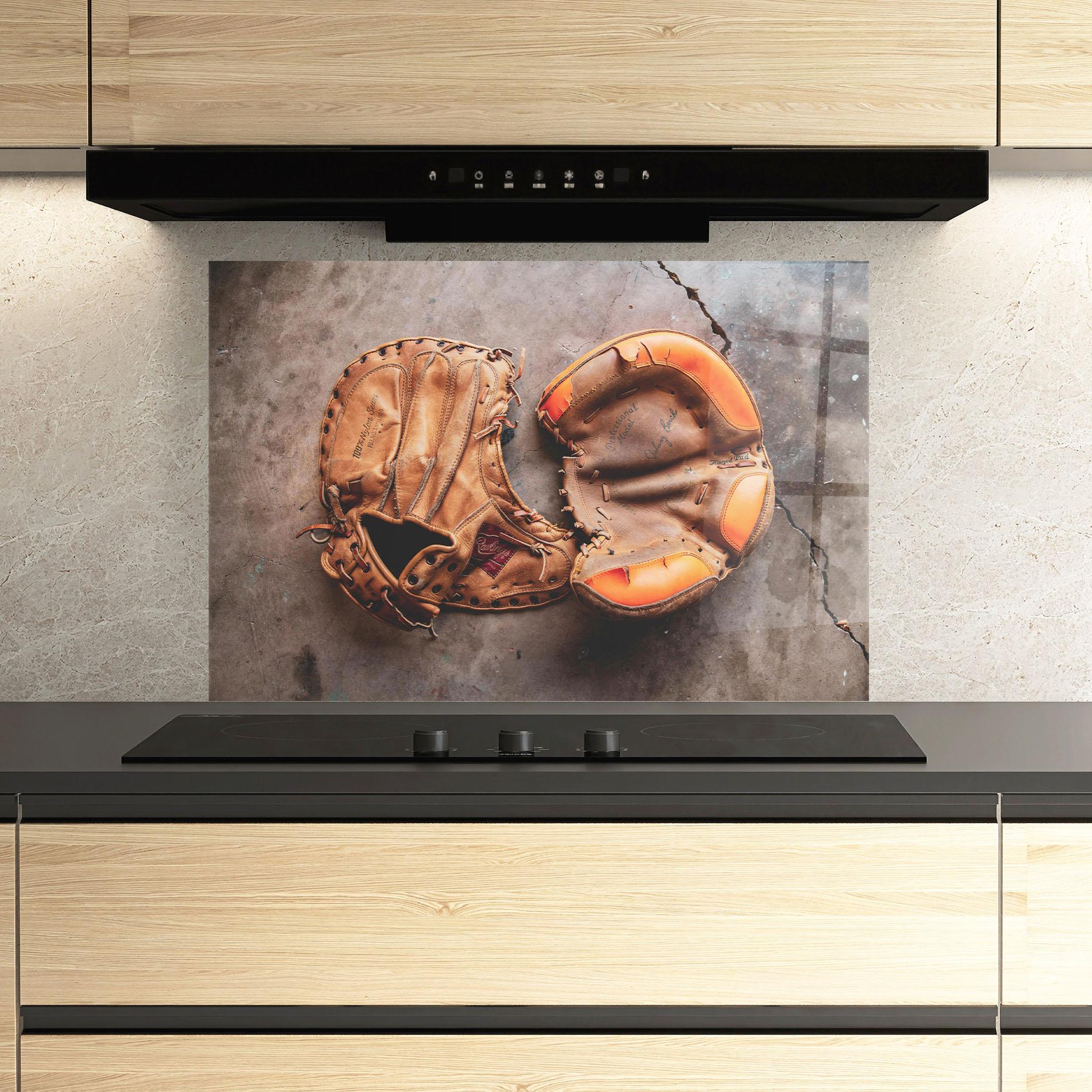 Panou Sticla Bucatarie Brown Orange Baseball Gloves mockup 3