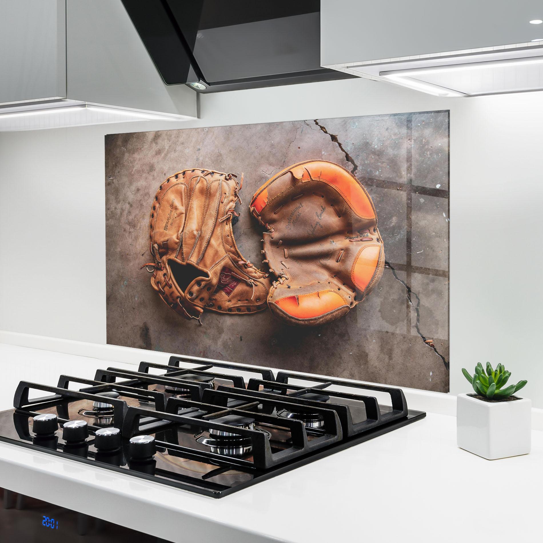 Panou Sticla Bucatarie Brown Orange Baseball Gloves mockup 6