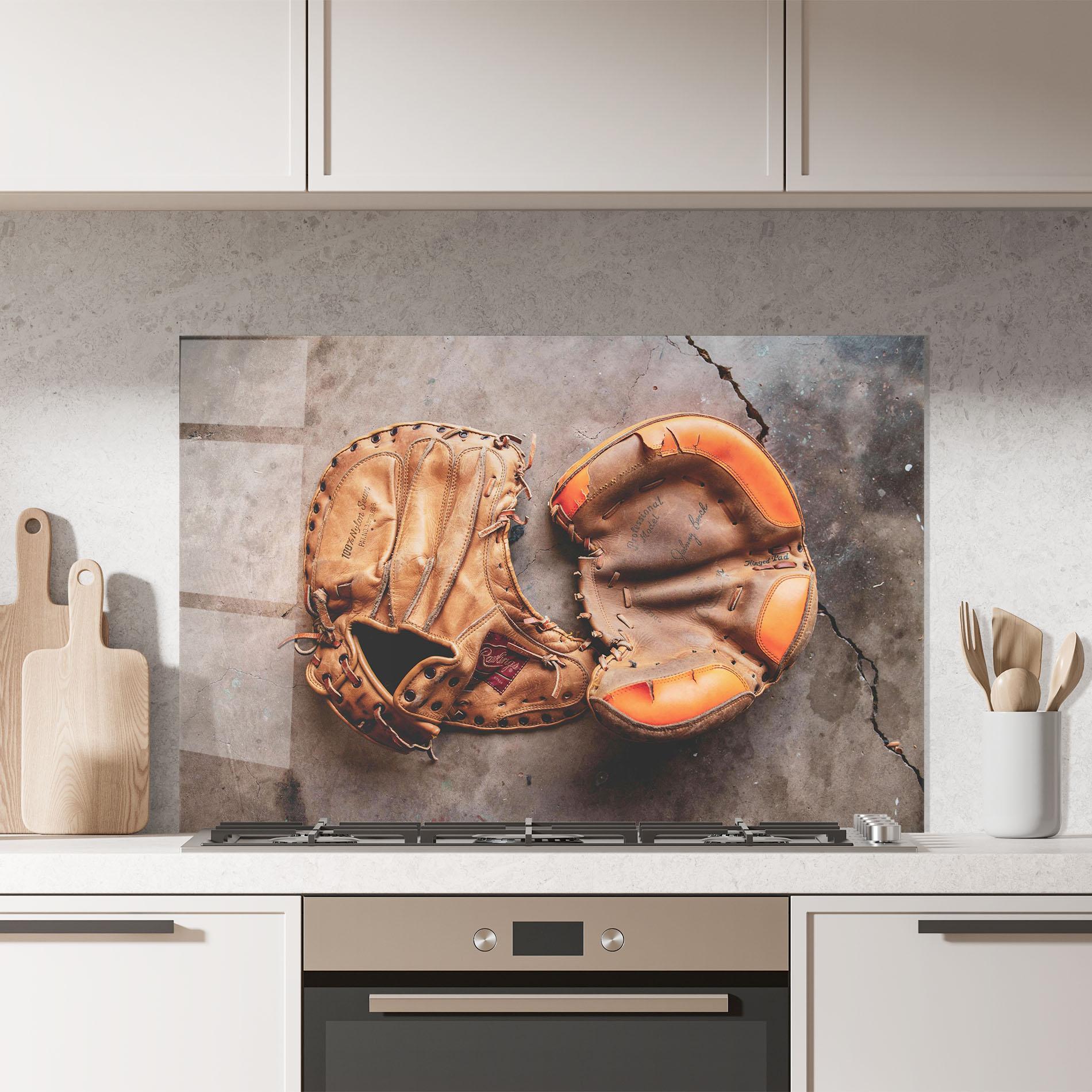 Panou Sticla Bucatarie Brown Orange Baseball Gloves mockup 7