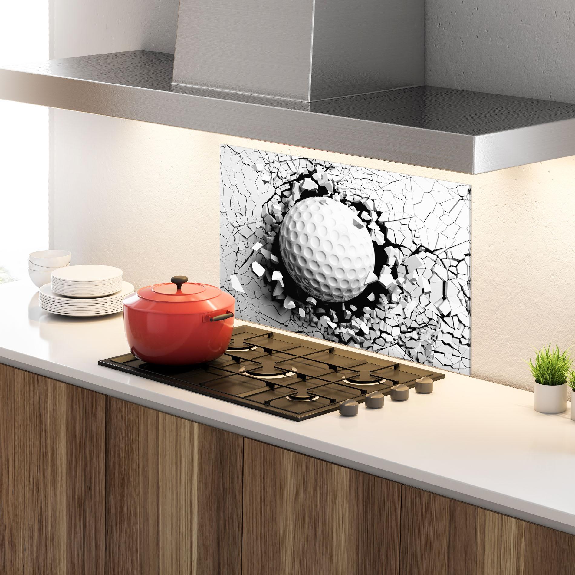 Panou Sticla Bucatarie Golf Ball Breaking Wall mockup 4