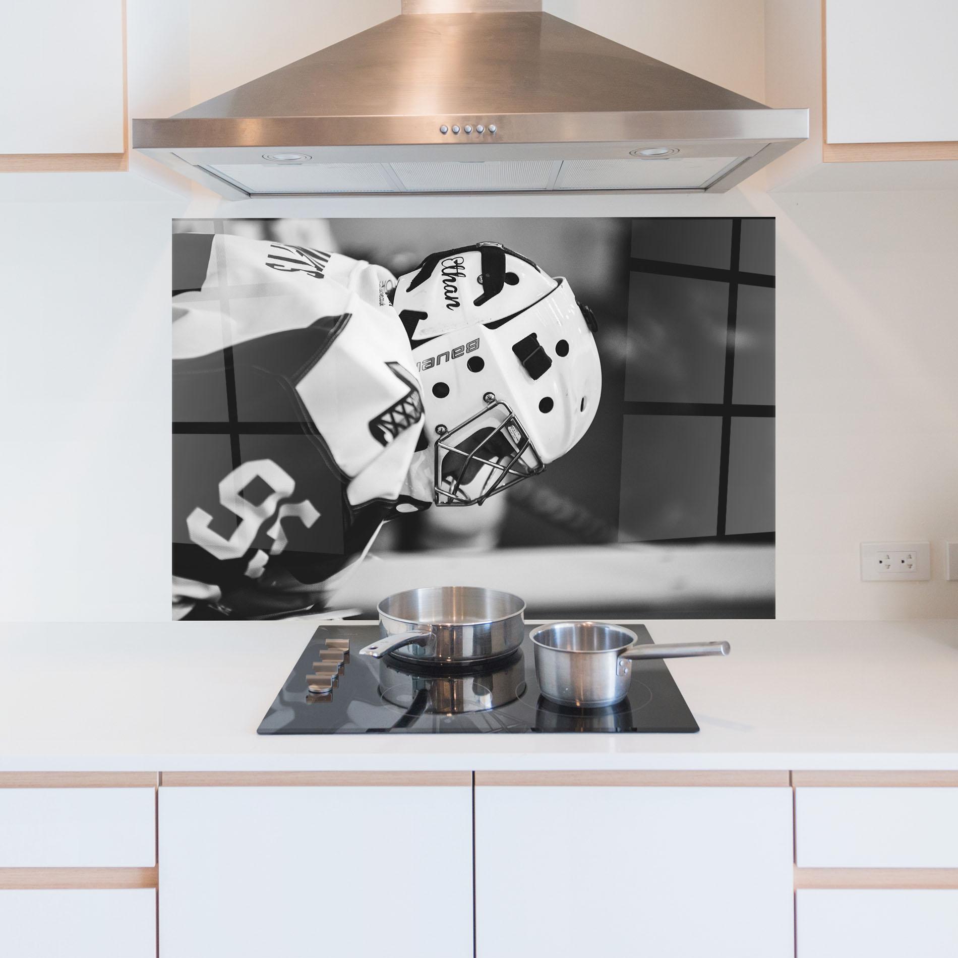 Panou Sticla Bucatarie Black White Hockey mockup 5