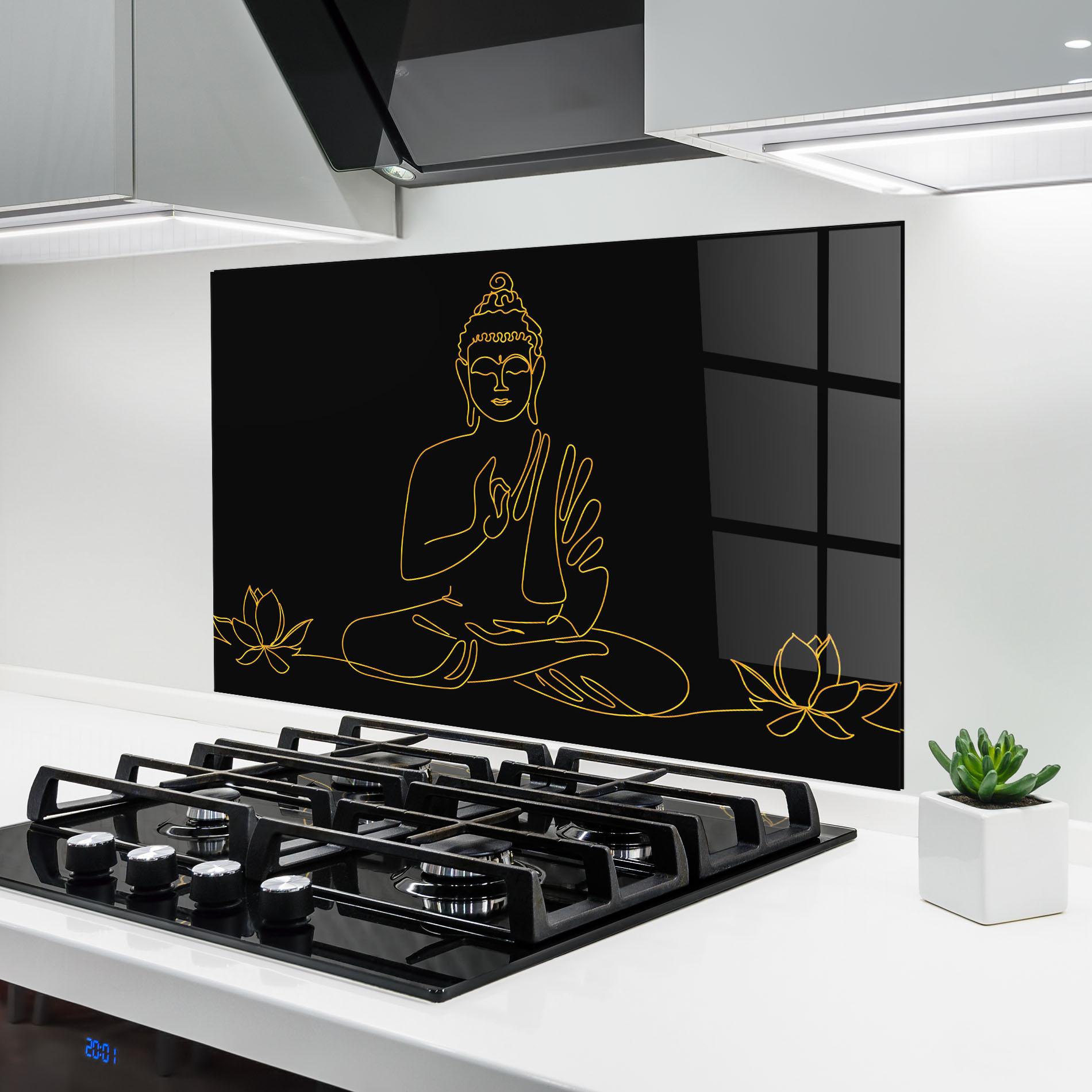 Panou Sticla Bucatarie Buddha Gold Line mockup 6