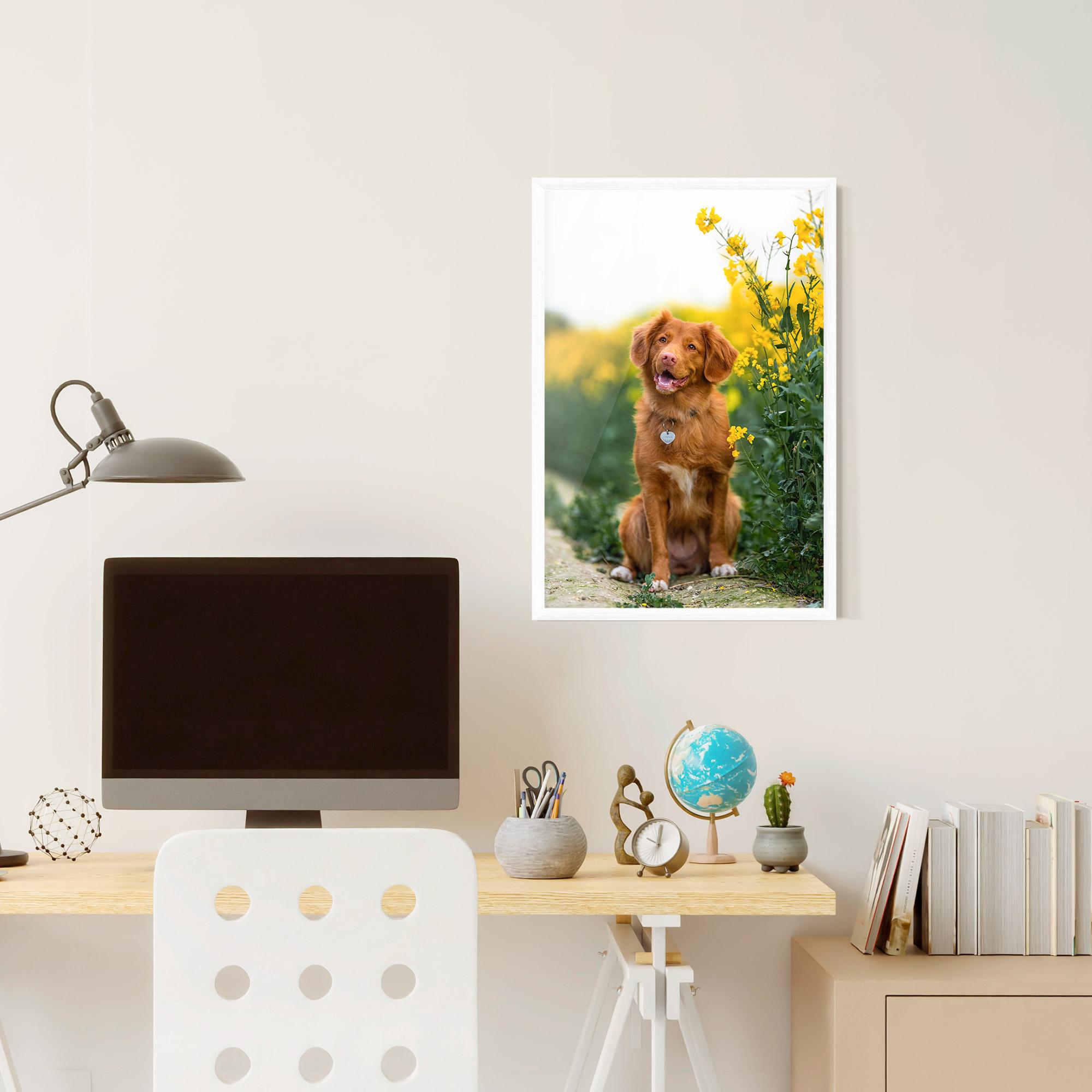 Poster Înrămat Dog Yellow Flowers mockup 6