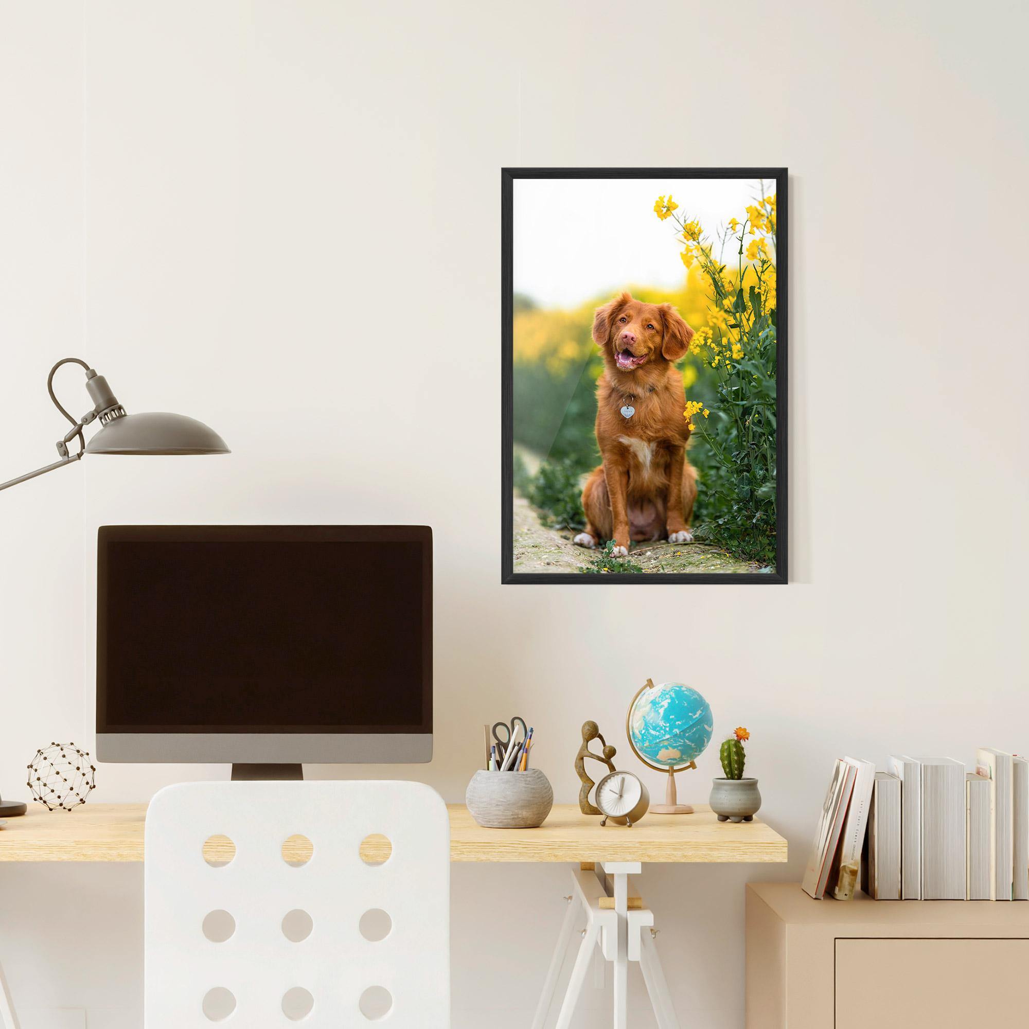 Poster Înrămat Dog Yellow Flowers mockup 6