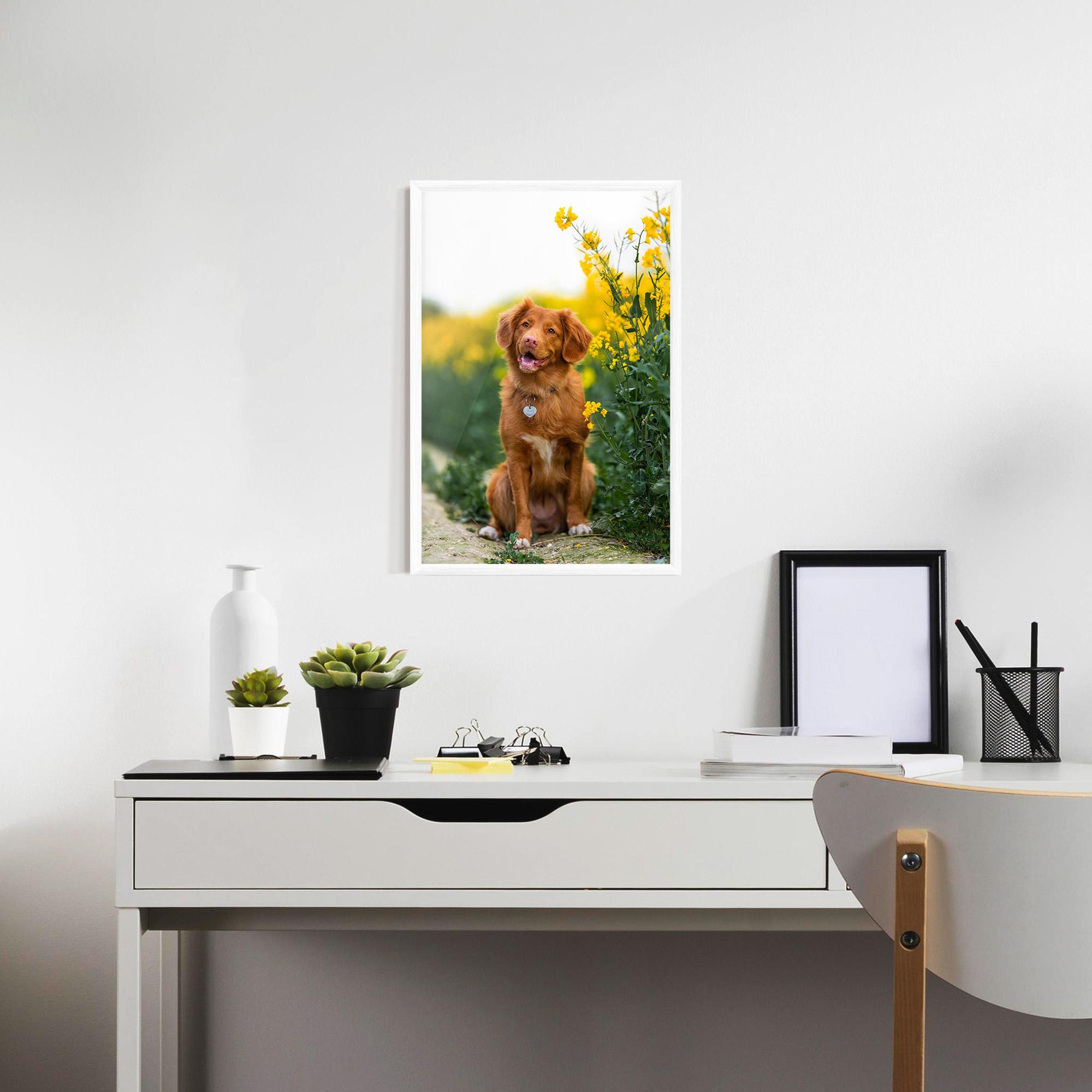 Poster Înrămat Dog Yellow Flowers mockup 7