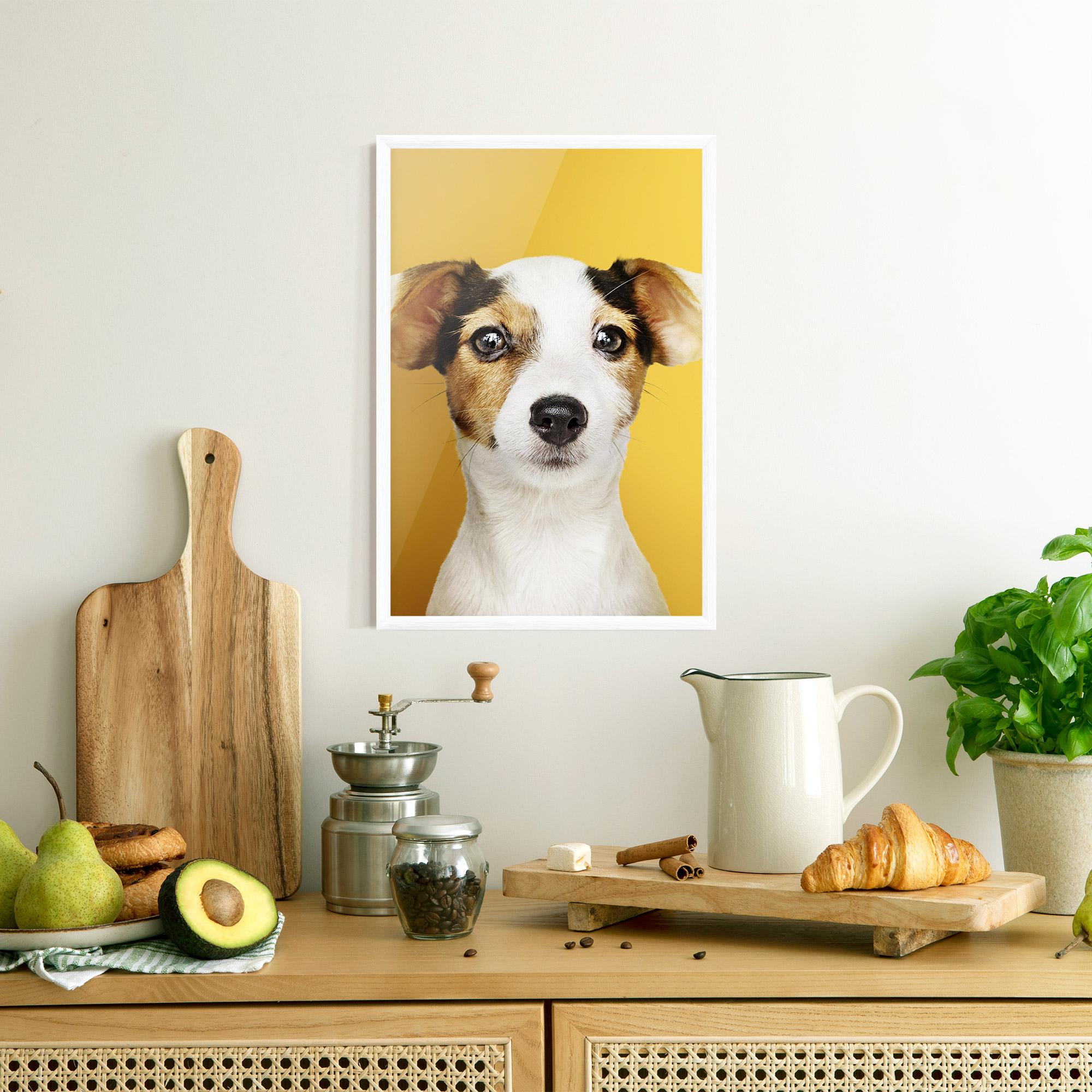 Poster Înrămat Puppy On Yellow mockup 8