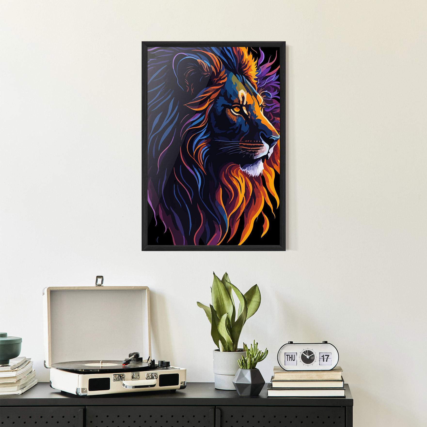 Poster Înrămat Colorful Lion On Black mockup 2