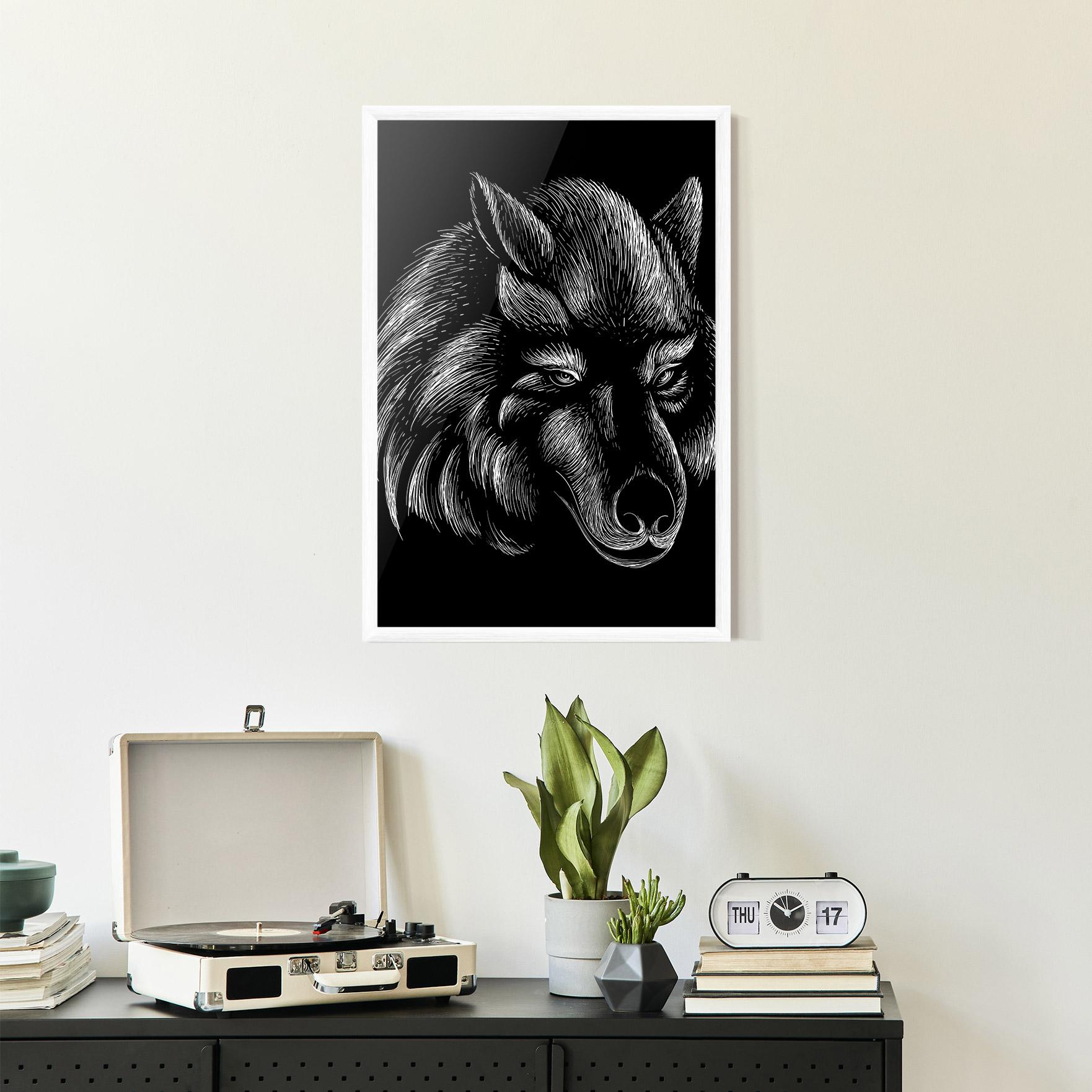 Poster Înrămat White Line Wolf mockup 2