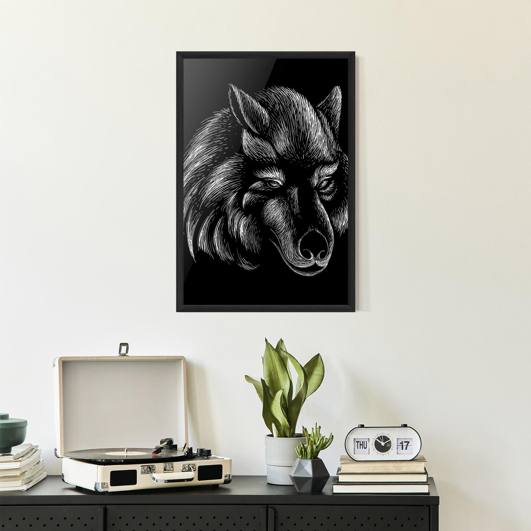 Poster Înrămat White Line Wolf mockup 2