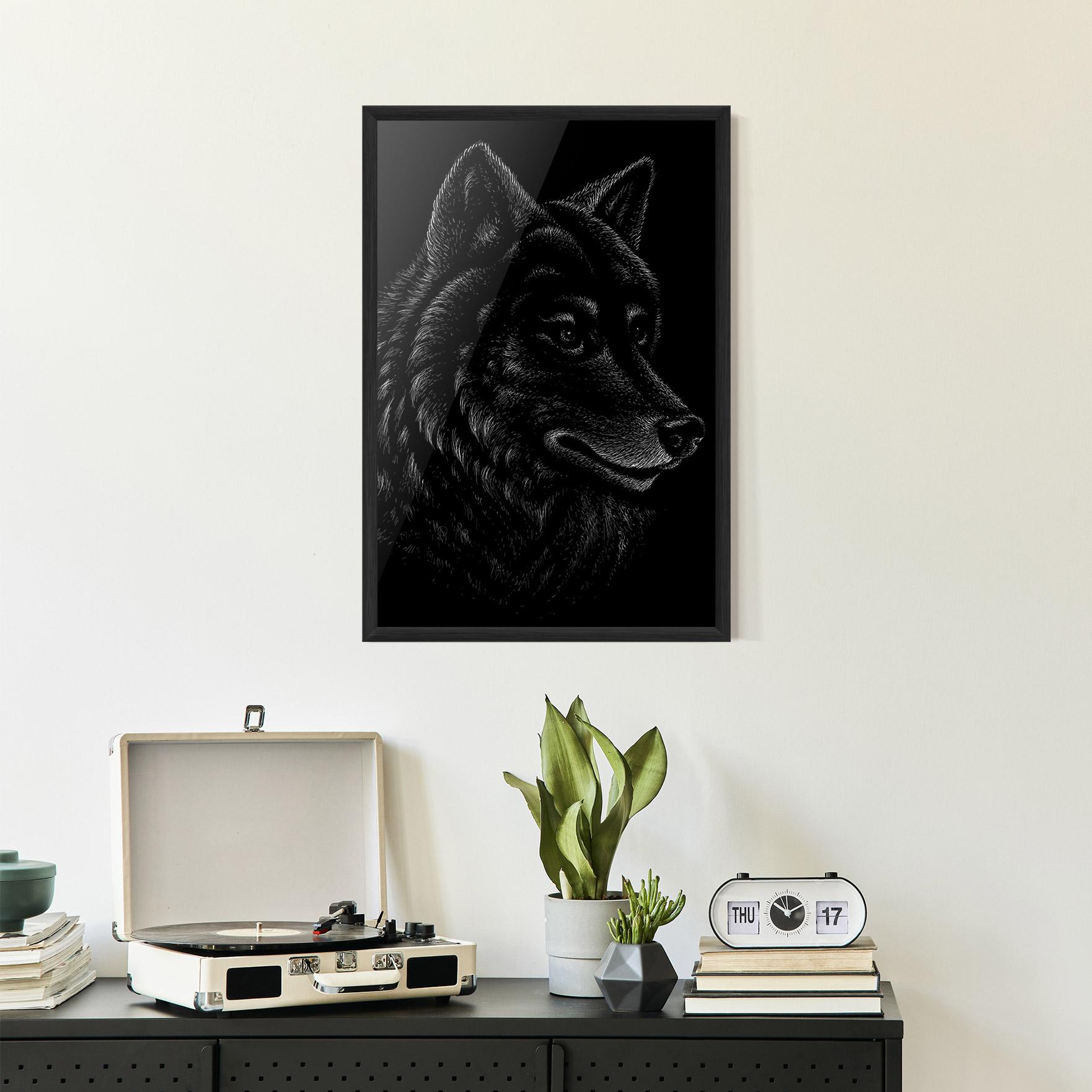 Poster Înrămat Wolf Shillouette Head mockup 2