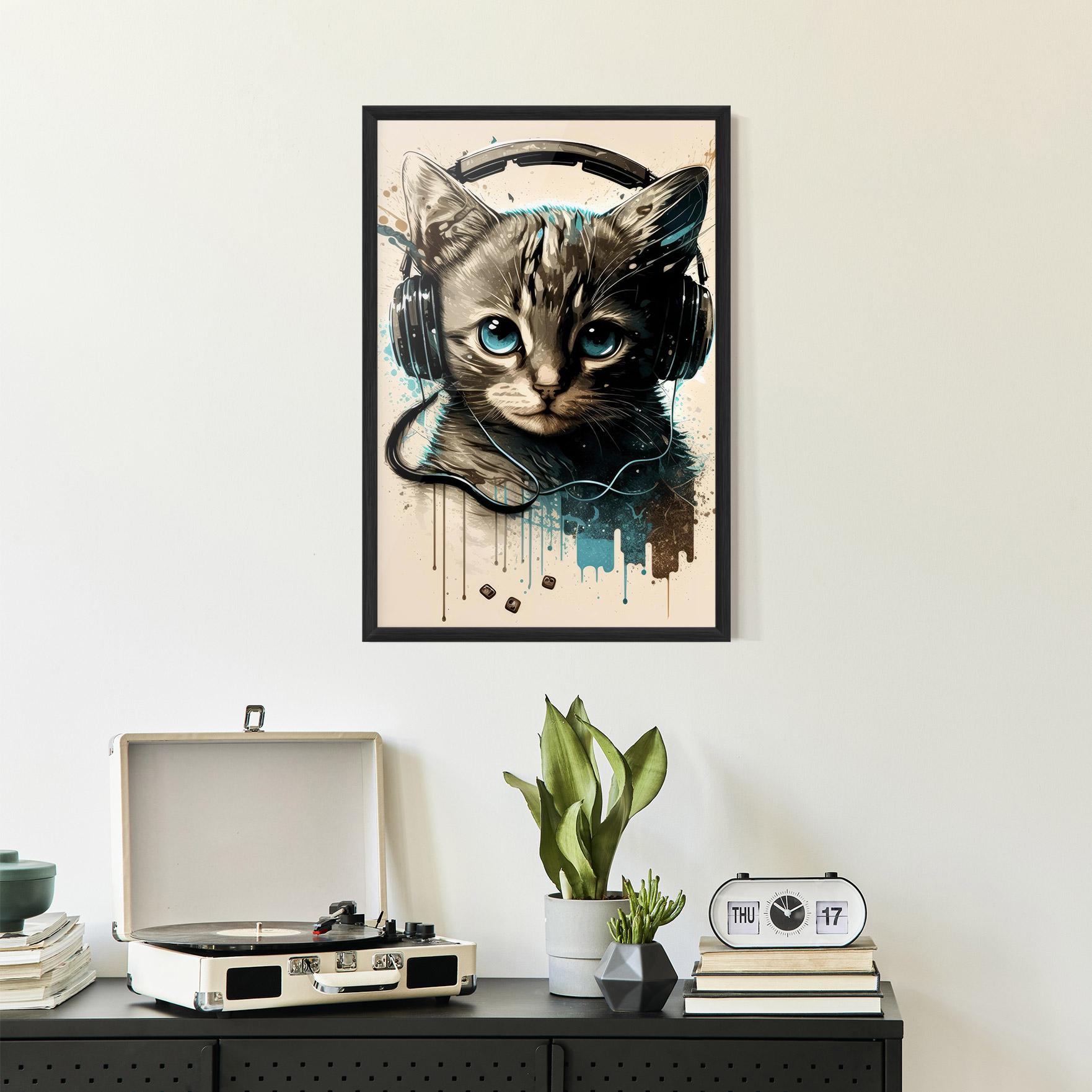 Poster Înrămat Headphones Cute Cat mockup 2