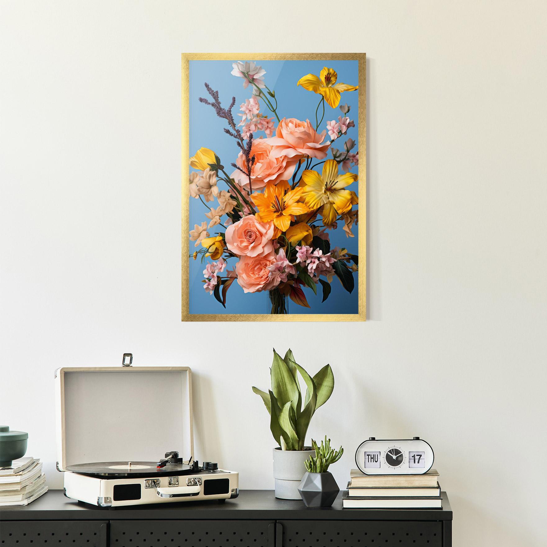 Poster Înrămat Flower Mix On Blue mockup 2