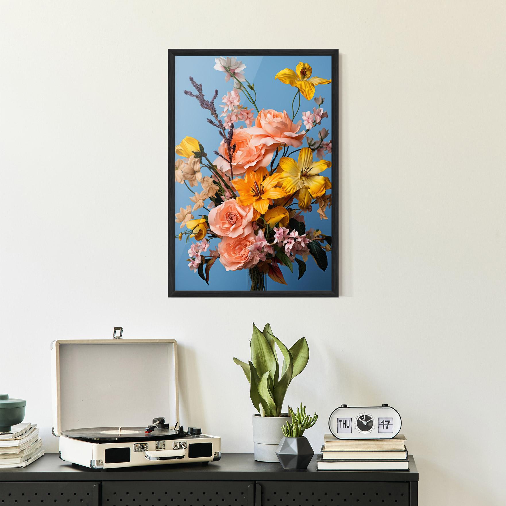 Poster Înrămat Flower Mix On Blue mockup 2