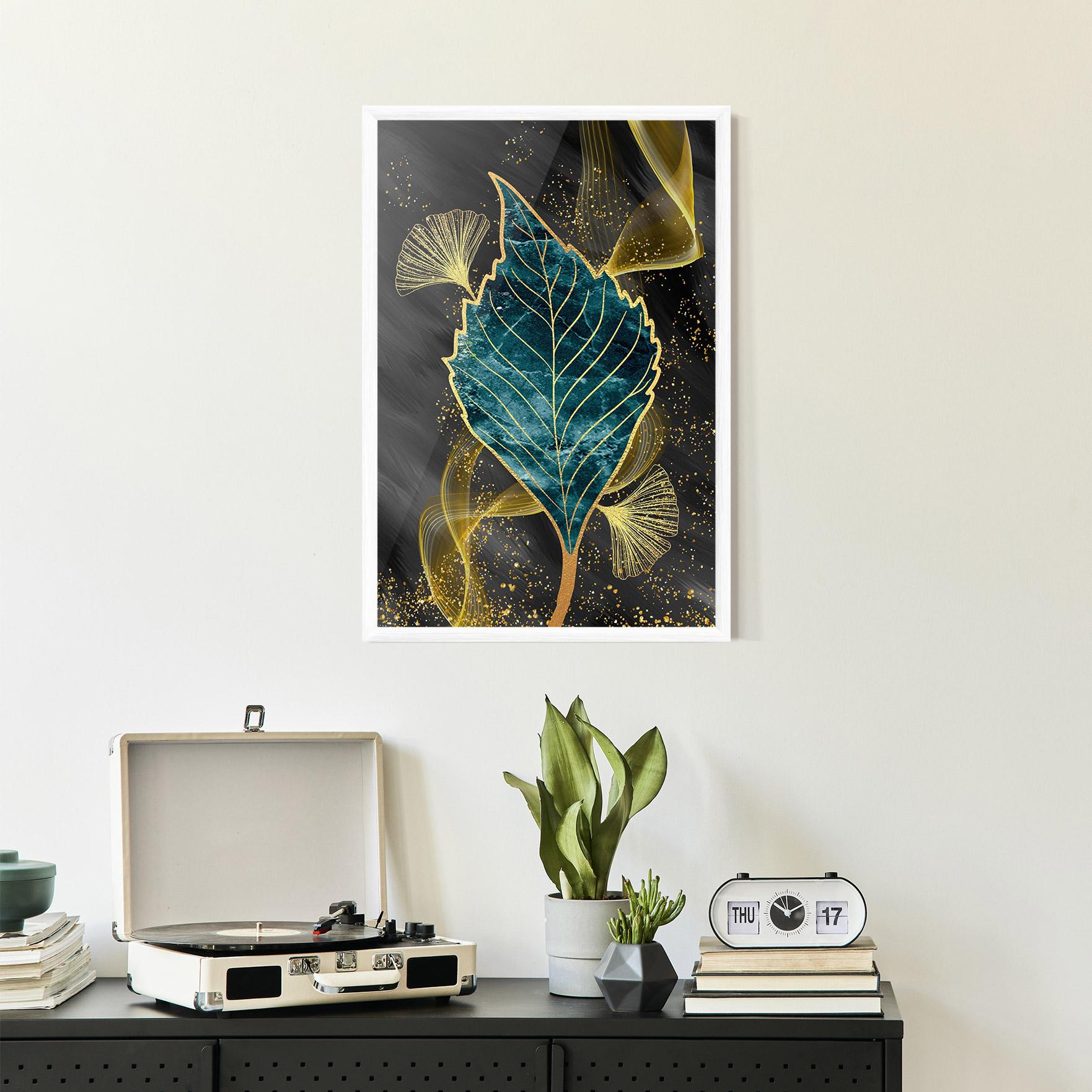 Poster Înrămat Golden Leaves Blue mockup 2