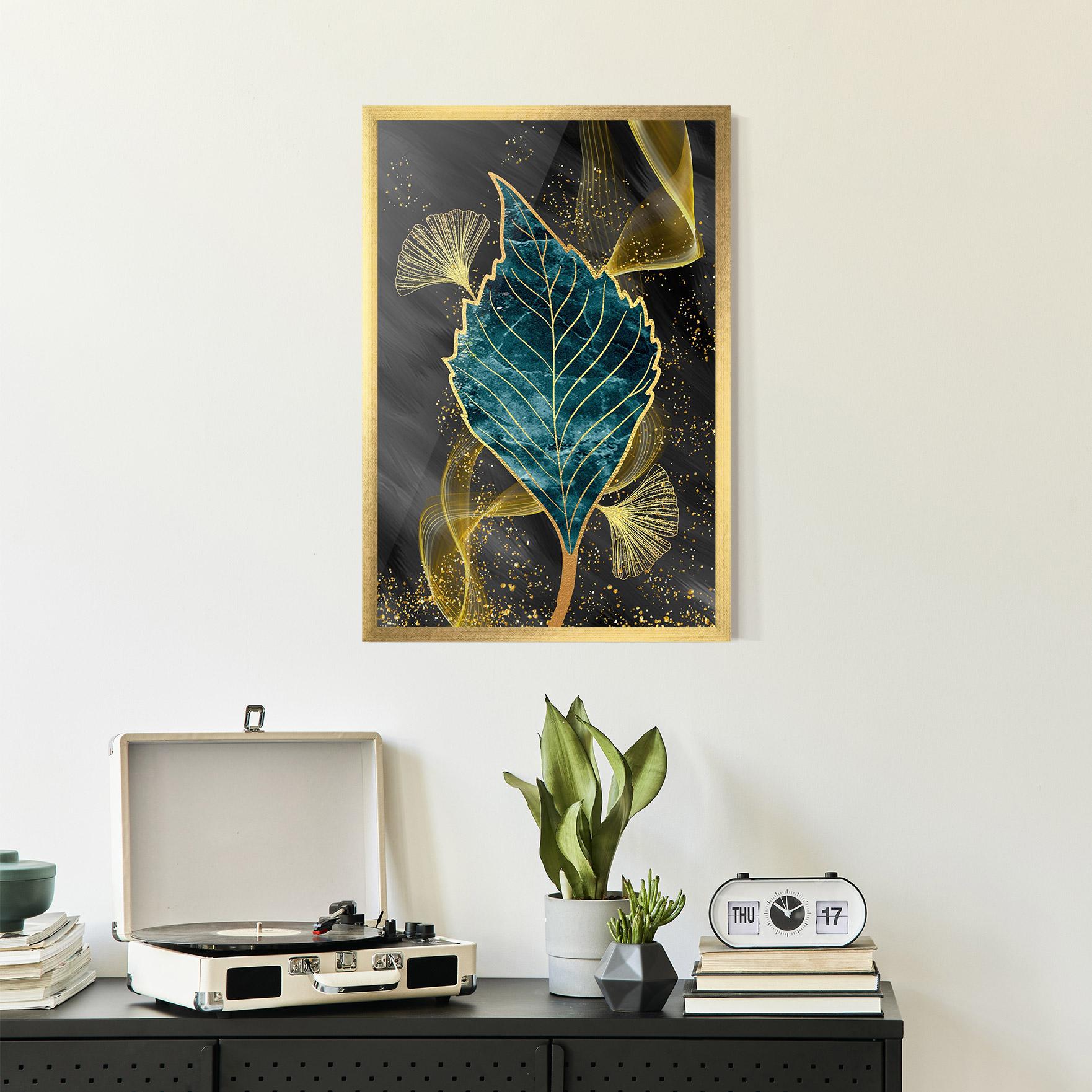 Poster Înrămat Golden Leaves Blue mockup 2