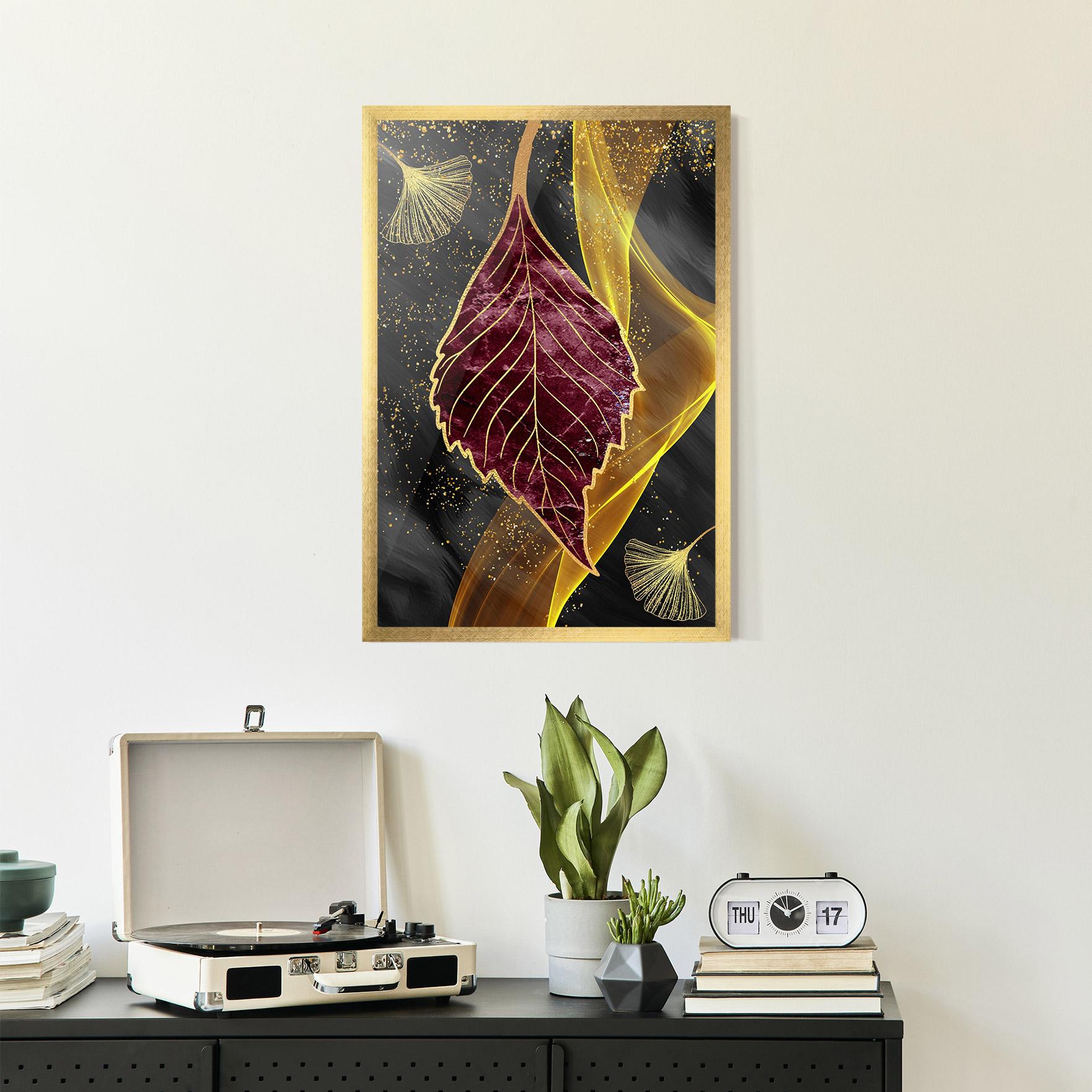 Poster Înrămat Golden Leaves Red mockup 2