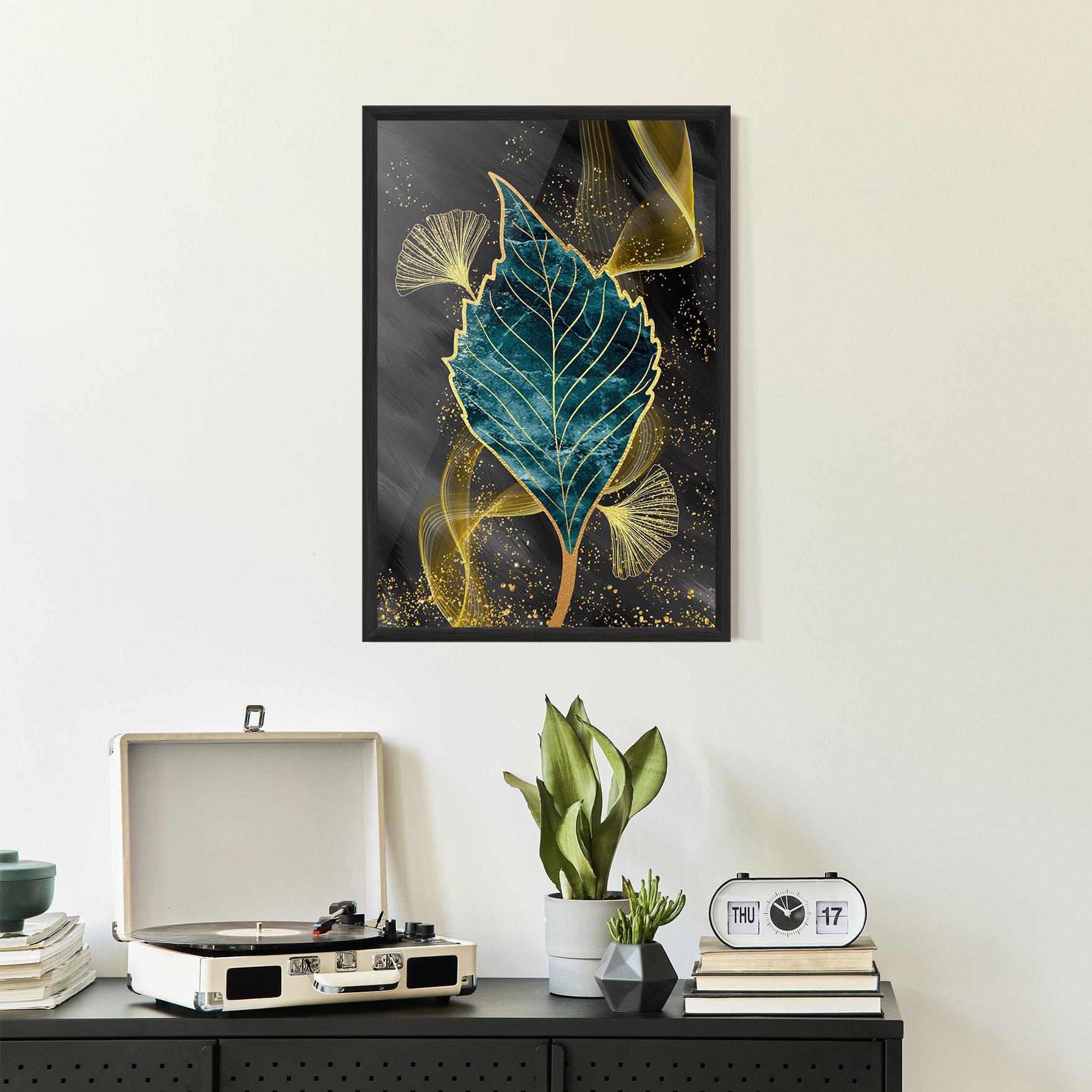 Poster Înrămat Golden Leaves Blue mockup 2
