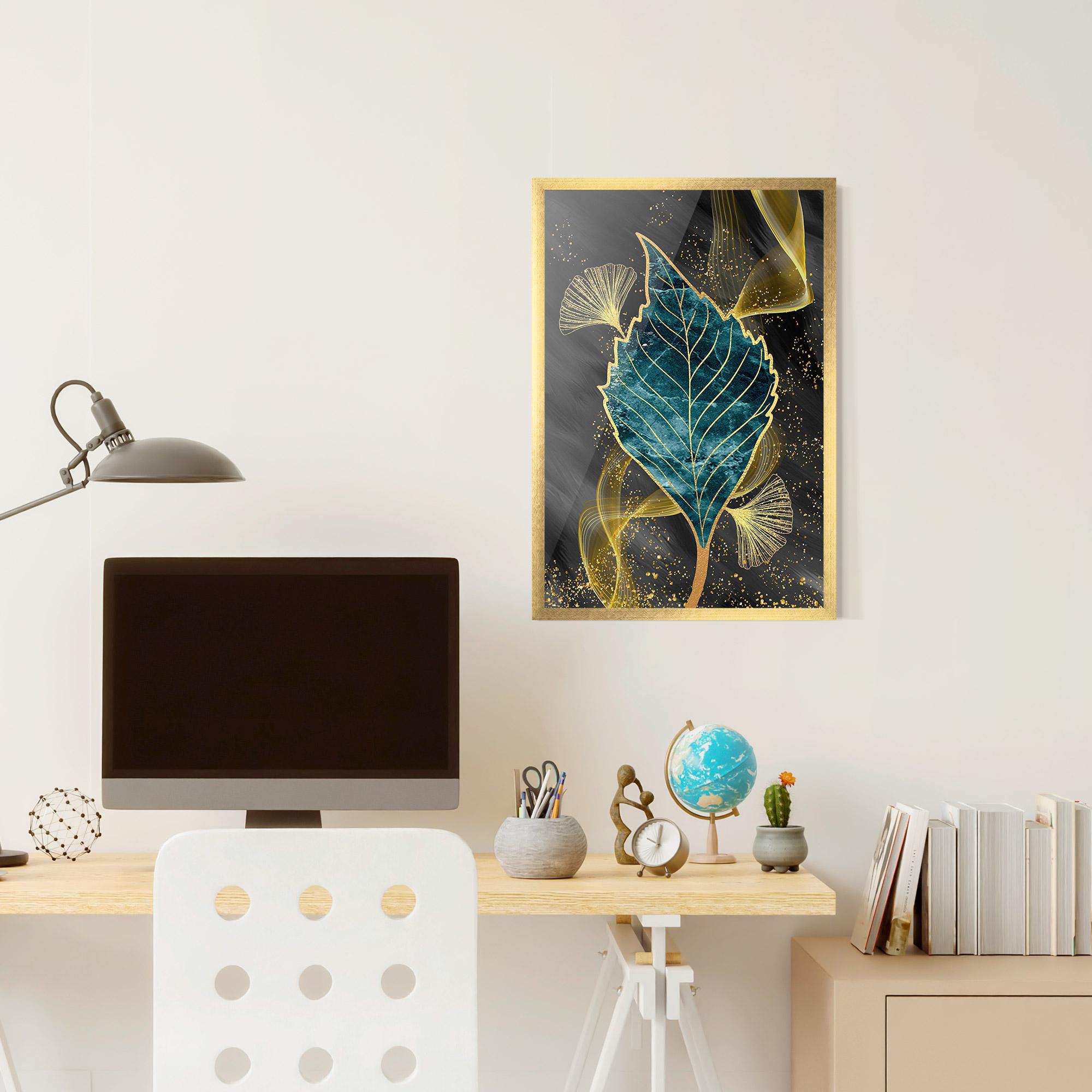 Poster Înrămat Golden Leaves Blue mockup 6