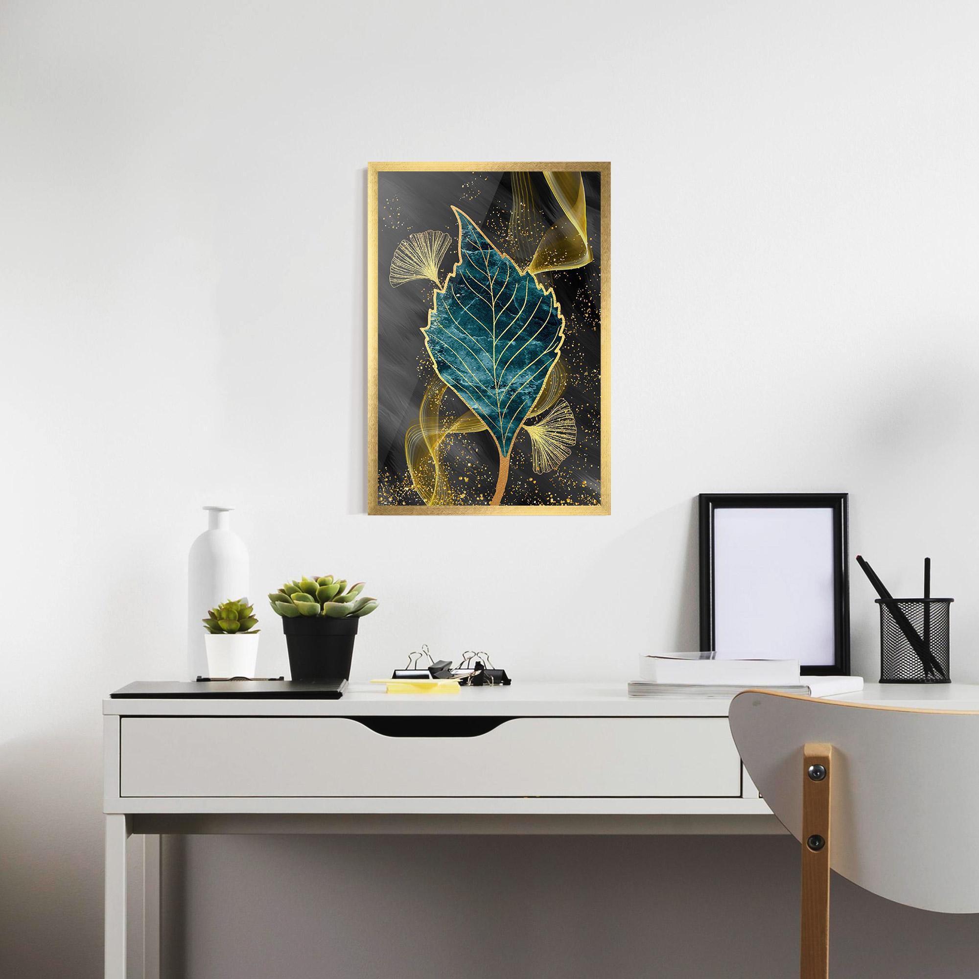 Poster Înrămat Golden Leaves Blue mockup 7