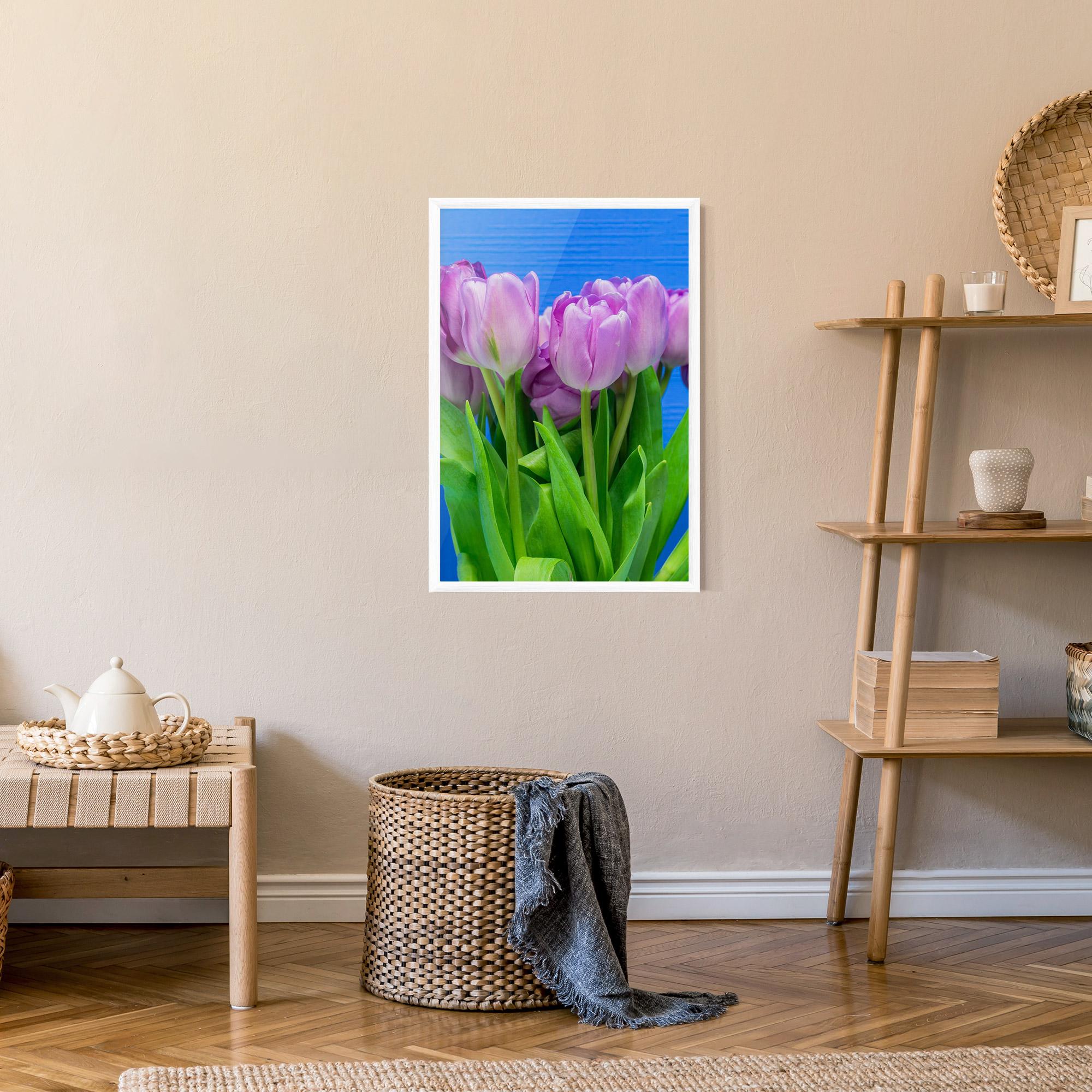 Poster Înrămat Purple Tulips On Blue mockup 9
